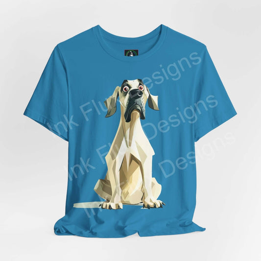 Blue unisex T-shirt featuring a graphic of a stylized Great Dane, made from breathable Airlume cotton, perfect for dog lovers.