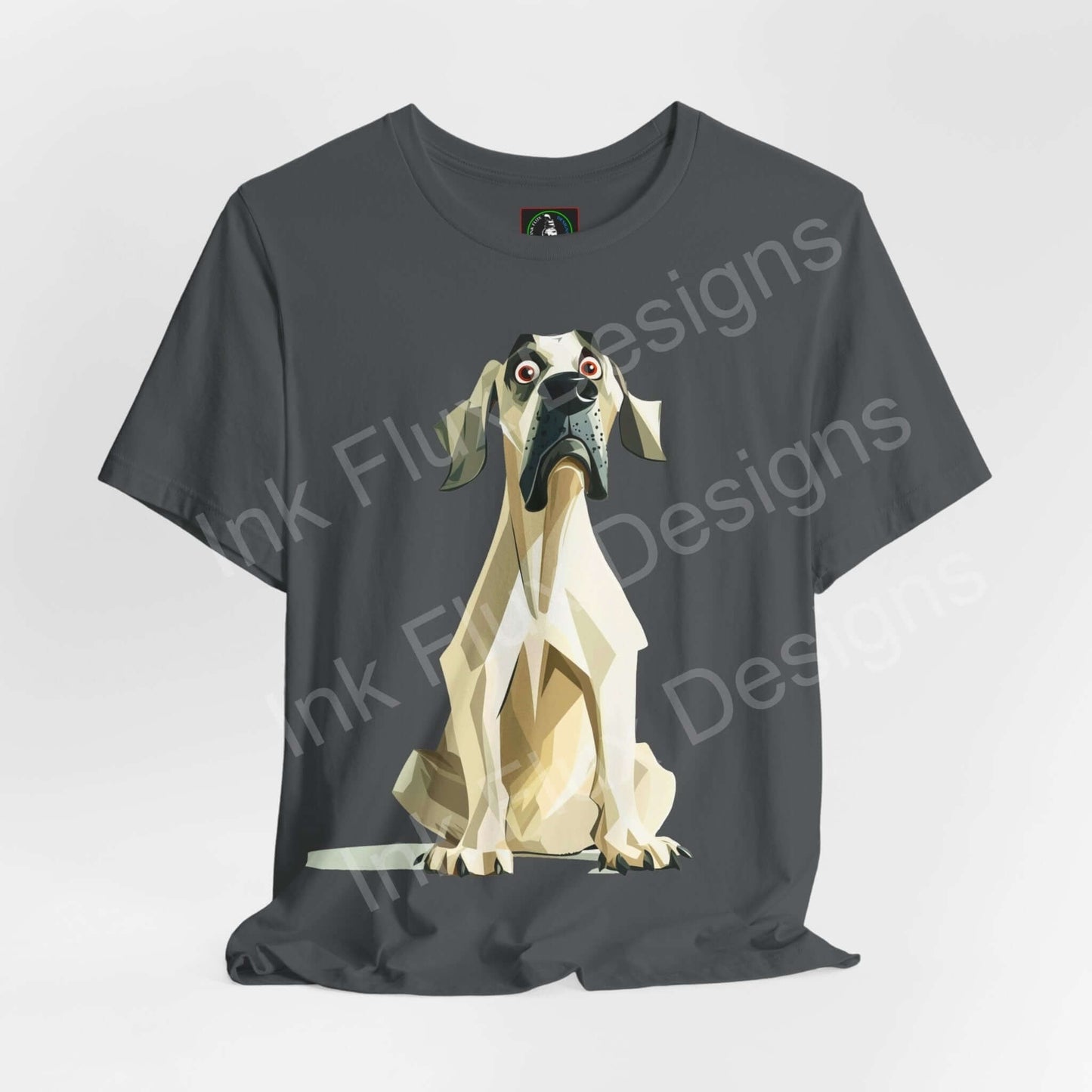 Grey unisex T-shirt featuring a graphic geometric Great Dane design, ideal for dog lovers and T-shirt enthusiasts.