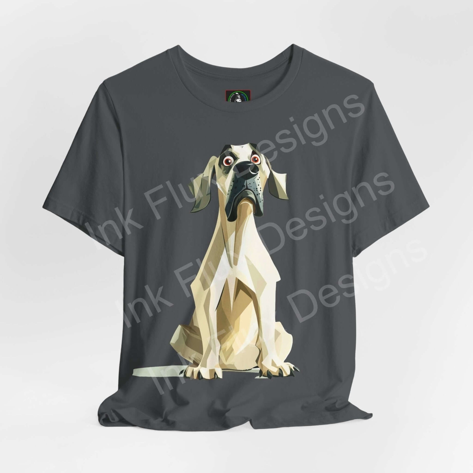 Grey unisex T-shirt featuring a graphic geometric Great Dane design, ideal for dog lovers and T-shirt enthusiasts.