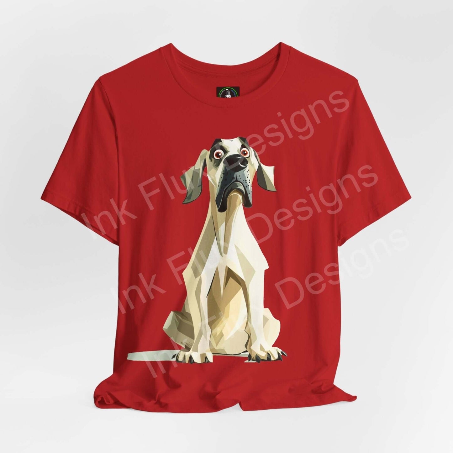 Red unisex jersey T-shirt featuring a geometric Great Dane graphic, crafted from breathable Airlume cotton, by Bella+Canvas.