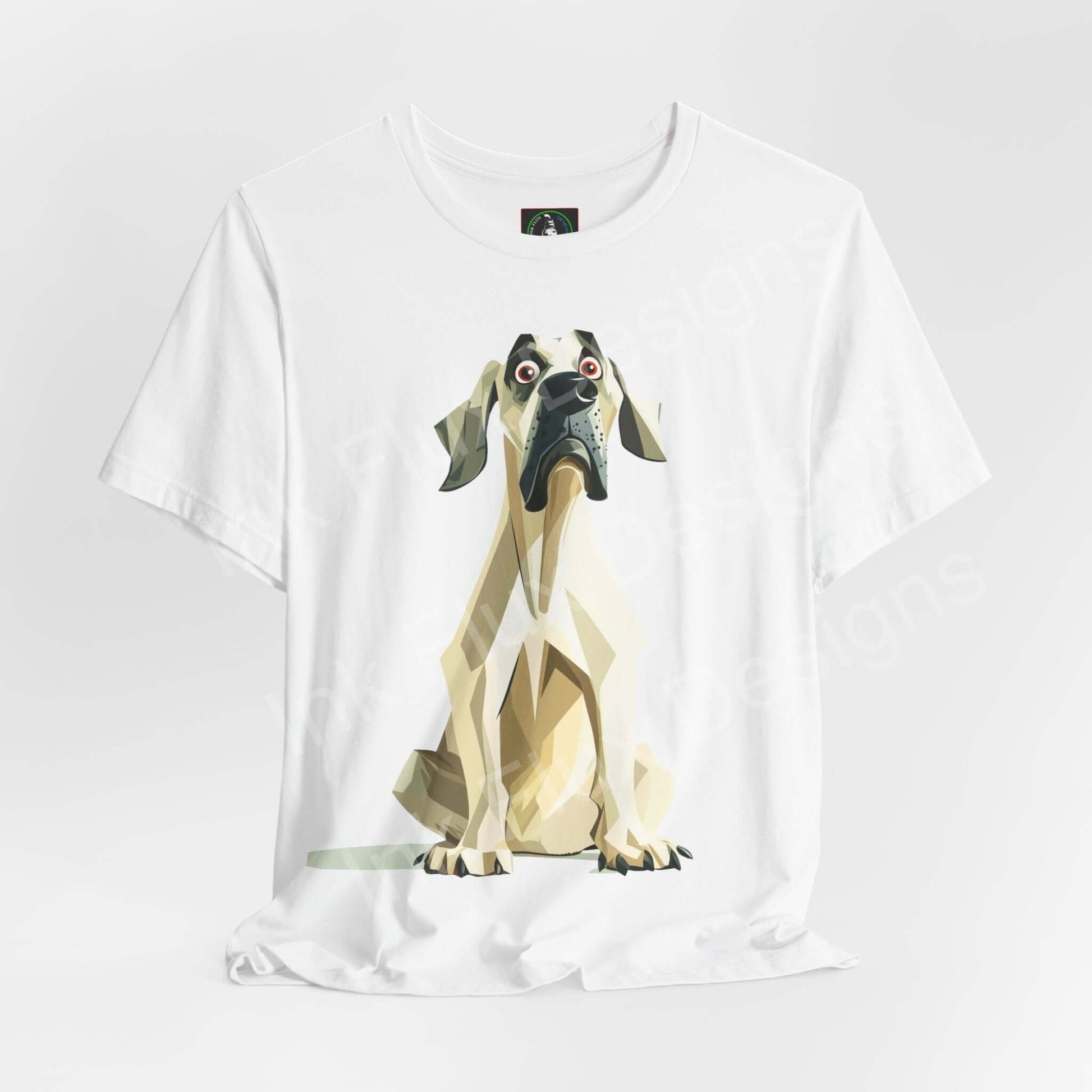 White unisex graphic tee featuring a geometric Great Dane design, perfect for dog lovers and casual wear