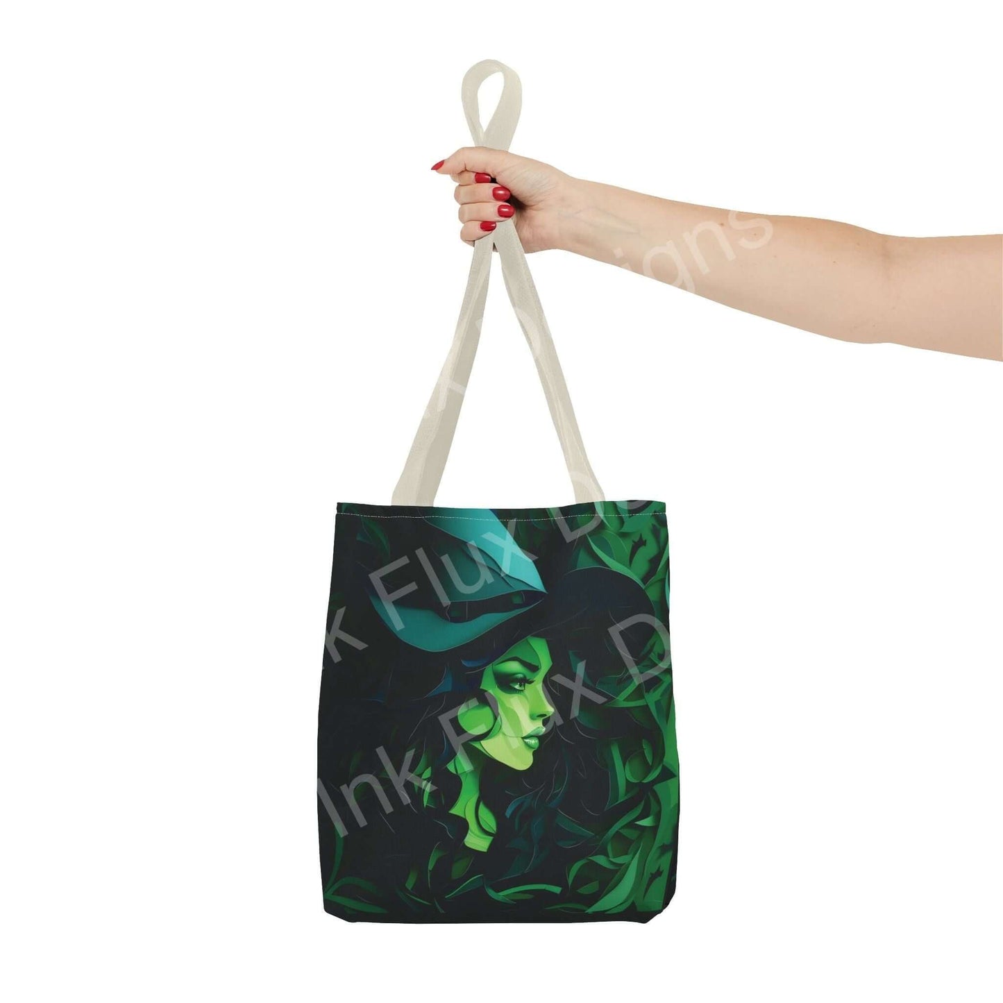 Woman holding a green witch themed all-over print tote bag, highlighting durable cotton webbing straps and vibrant sublimation print.