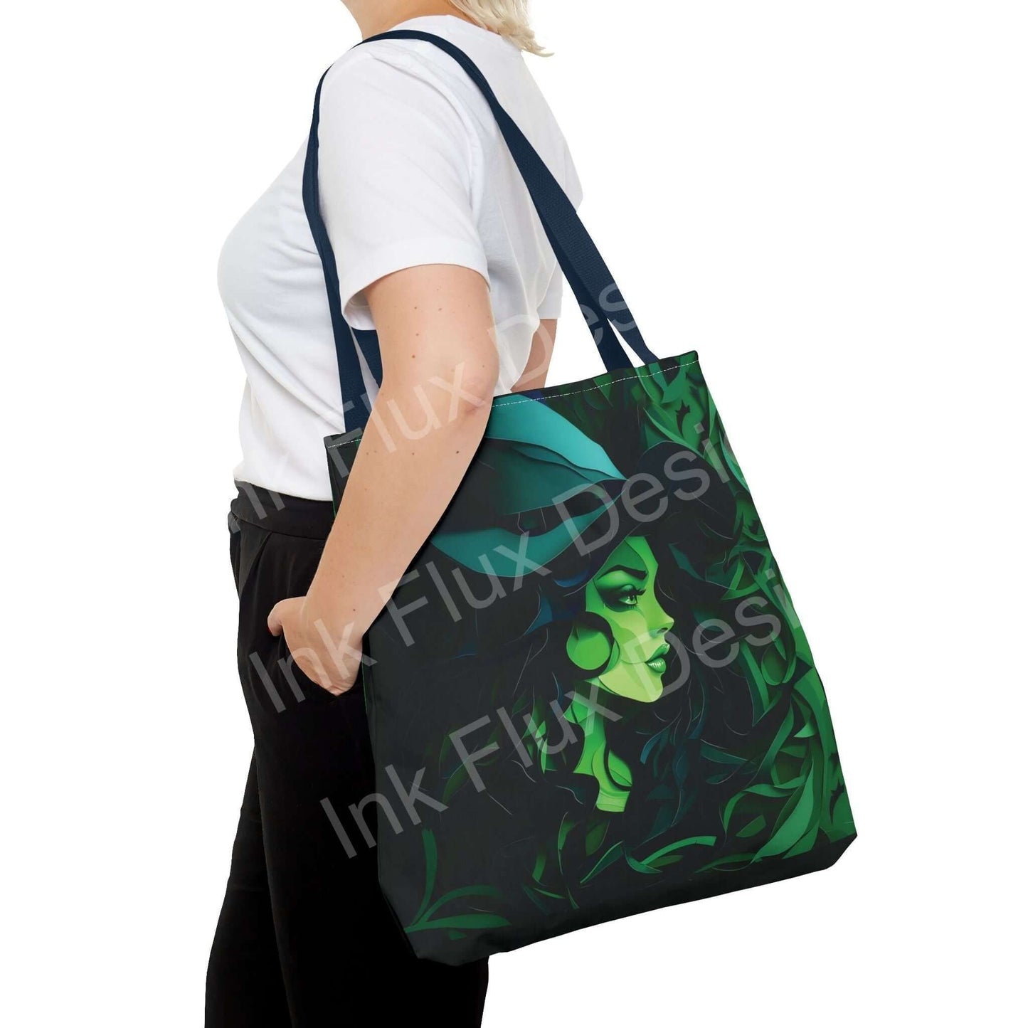 Woman casually carrying a large green witch all-over print tote bag with sturdy blue straps, showcasing a vibrant, high-quality design.