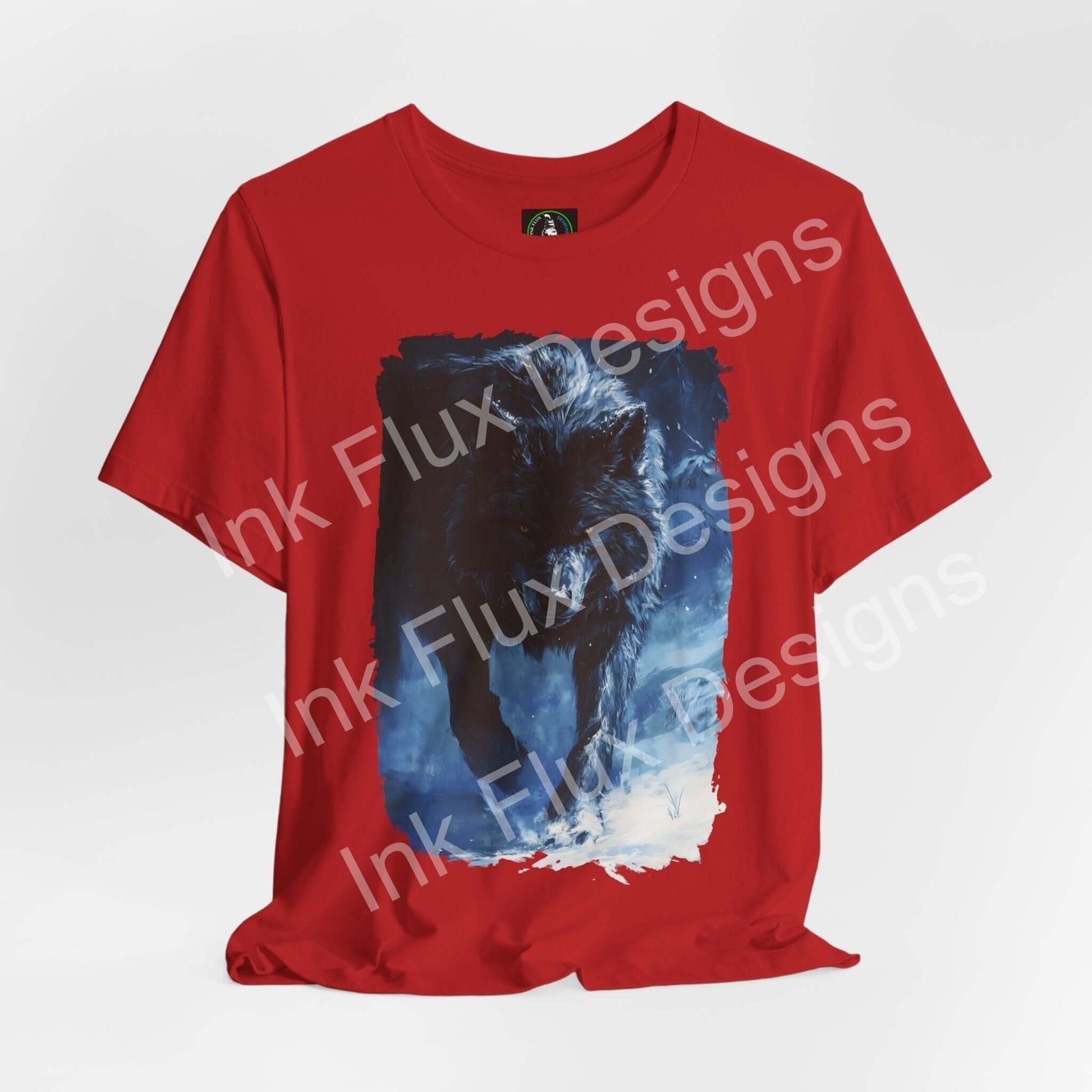 Red unisex T-shirt with a graphic print of a grey wolf, part of the Grey Wolf II collection by Bella+Canvas, emphasizing sustainability and style.