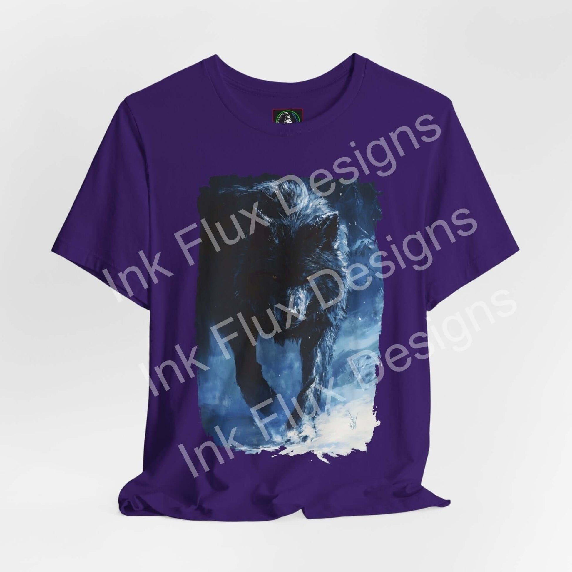 Purple unisex T-shirt featuring a graphic print of a wolf, part of the Grey Wolf II collection by Bella+Canvas, highlighting spirit animals and sustainable fashion.