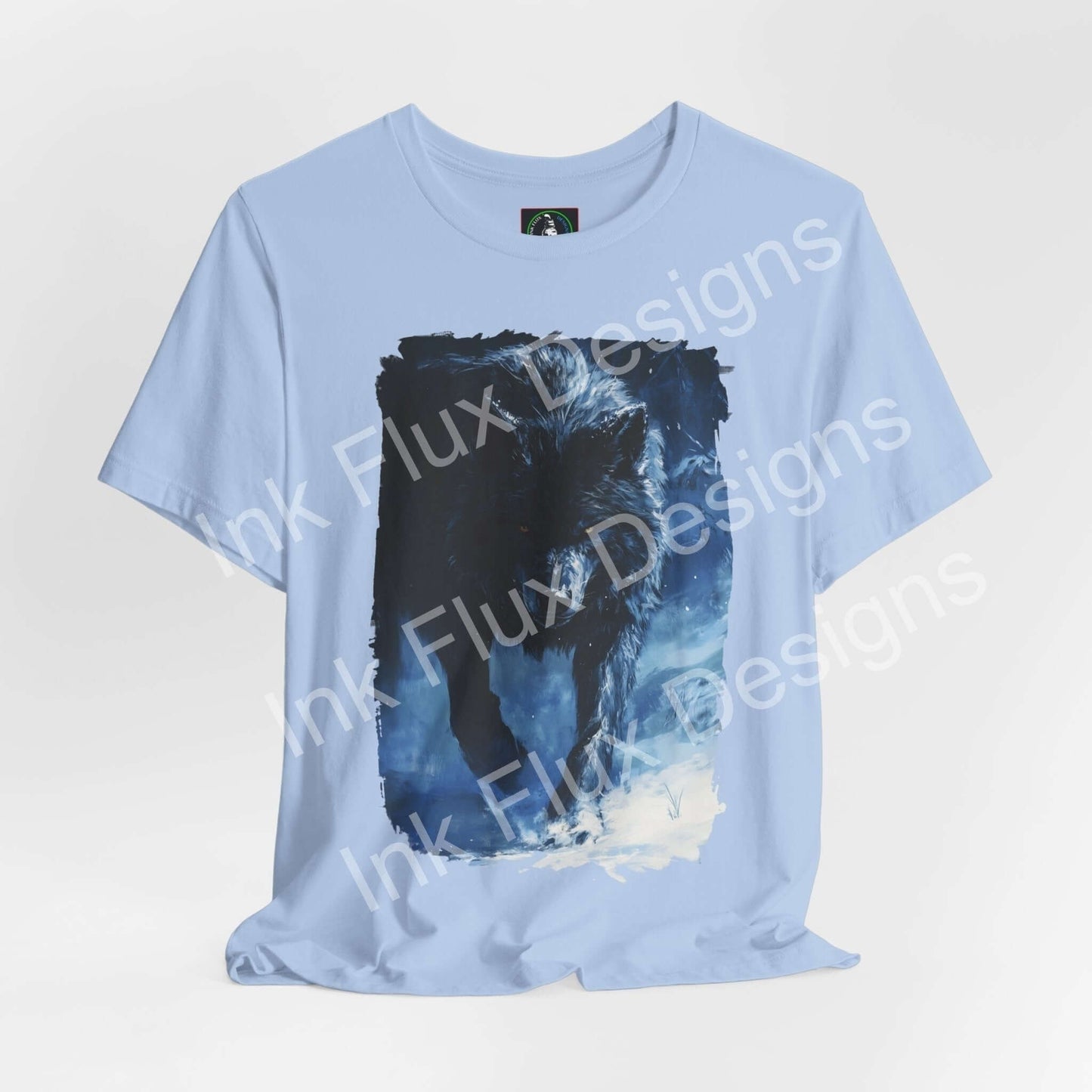 Light blue unisex jersey T-shirt featuring a graphic of a wolf in a cool, blue abstract design, perfect for fans of spirit animals and sustainable fashion.