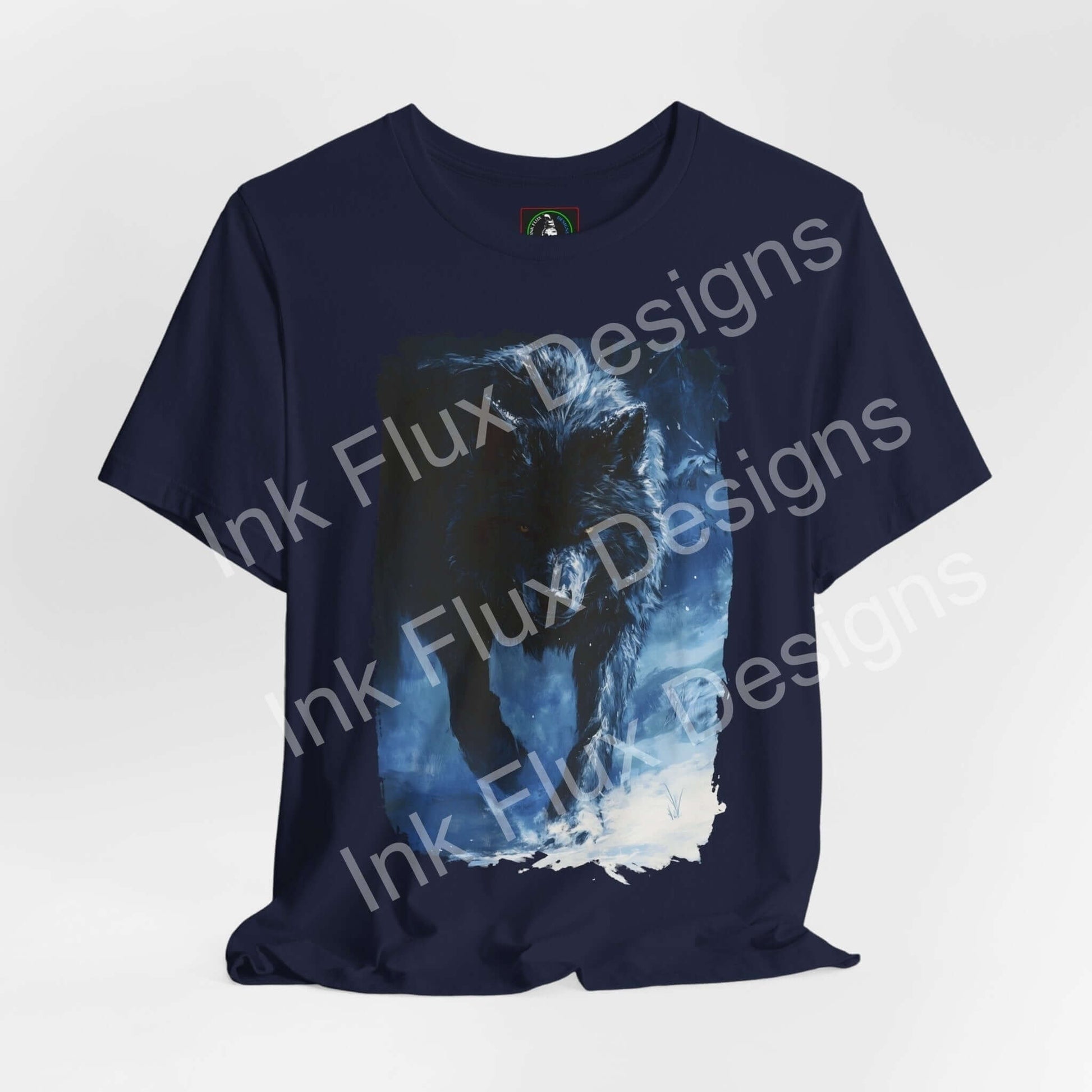 Navy unisex Grey Wolf II graphic tee by Bella+Canvas, featuring an ethereal wolf design, perfect for fans of spirit animals and sustainable fashion.