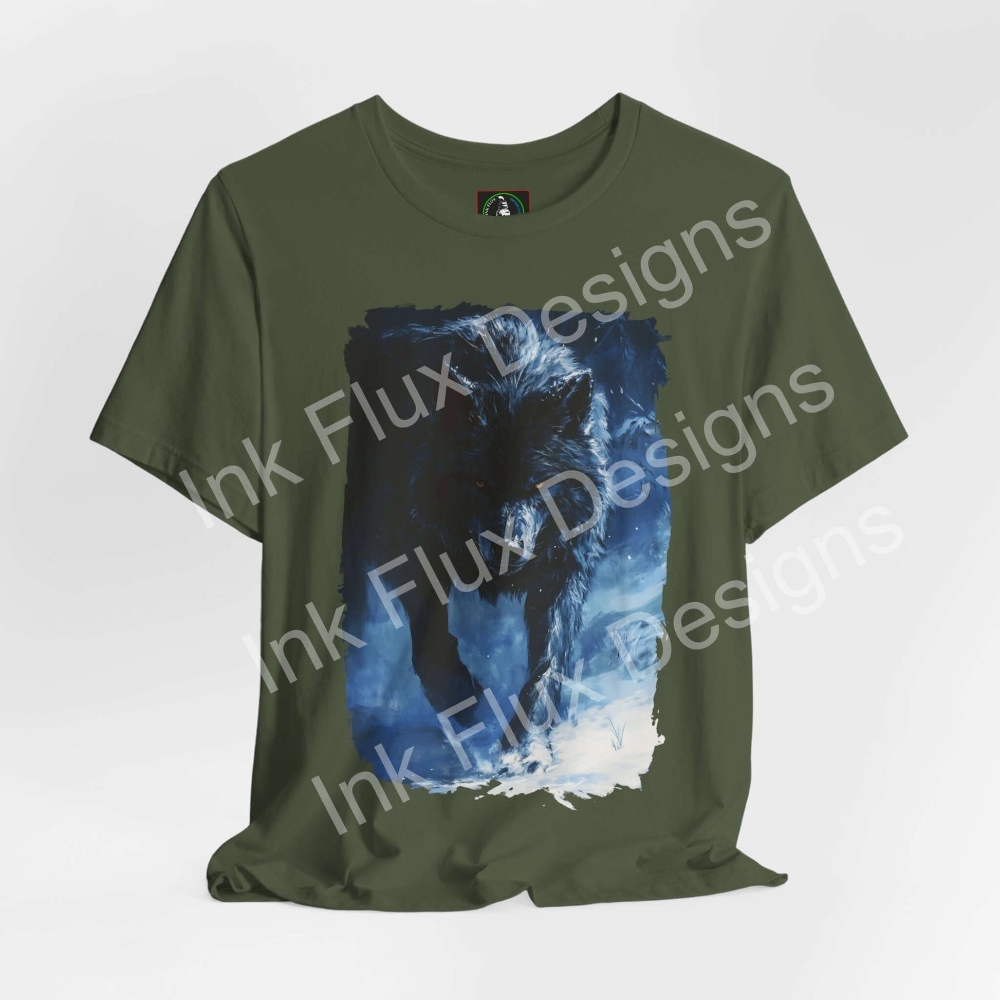 Grey "Grey Wolf II" graphic tee featuring a vivid wolf design on a green Bella+Canvas T-shirt, embodying the spirit of spirit animals.