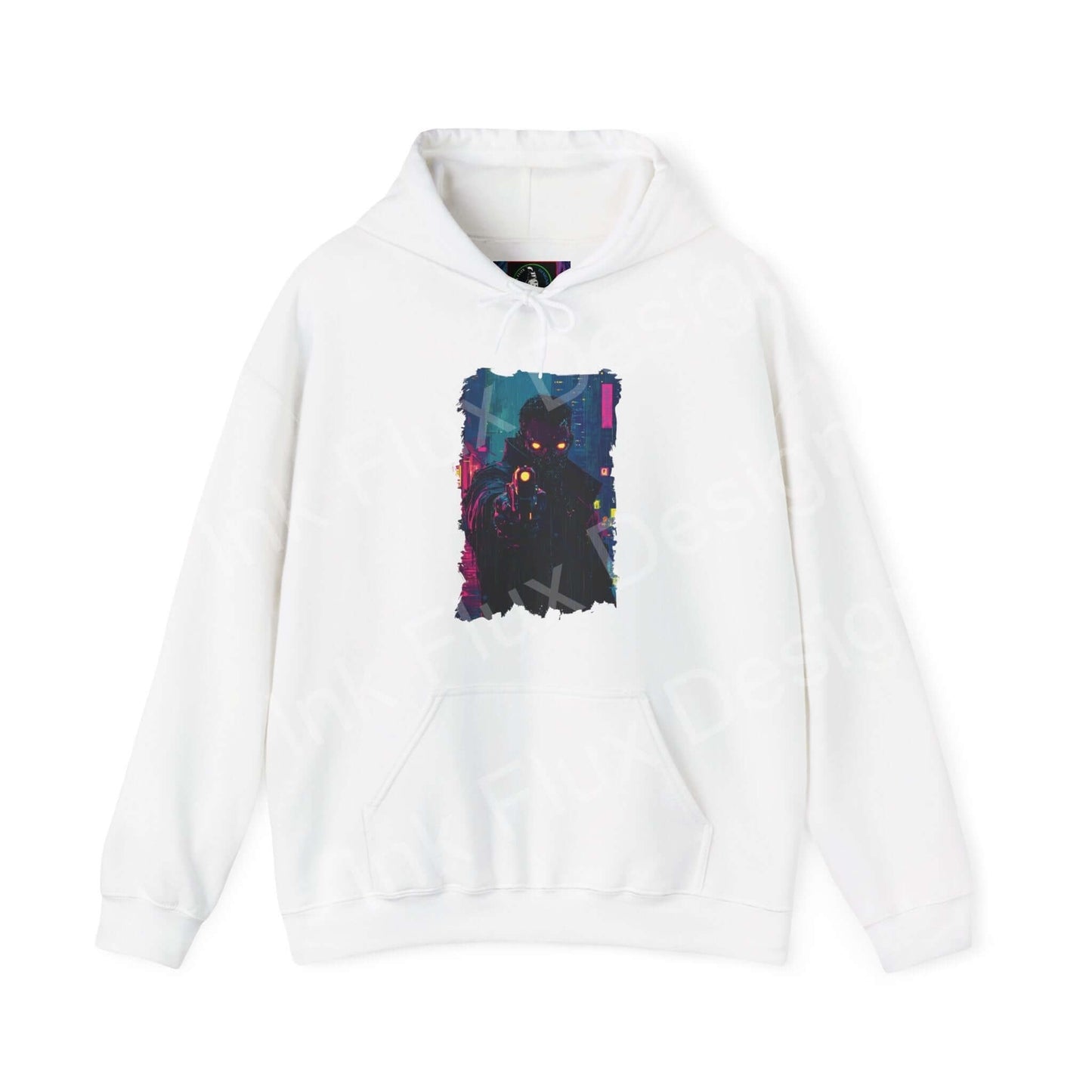 White hooded sweatshirt with a bold, colorful graphic design on the front, showcasing a blend of vibrant hues in a modern abstract style, ideal for a statement look.