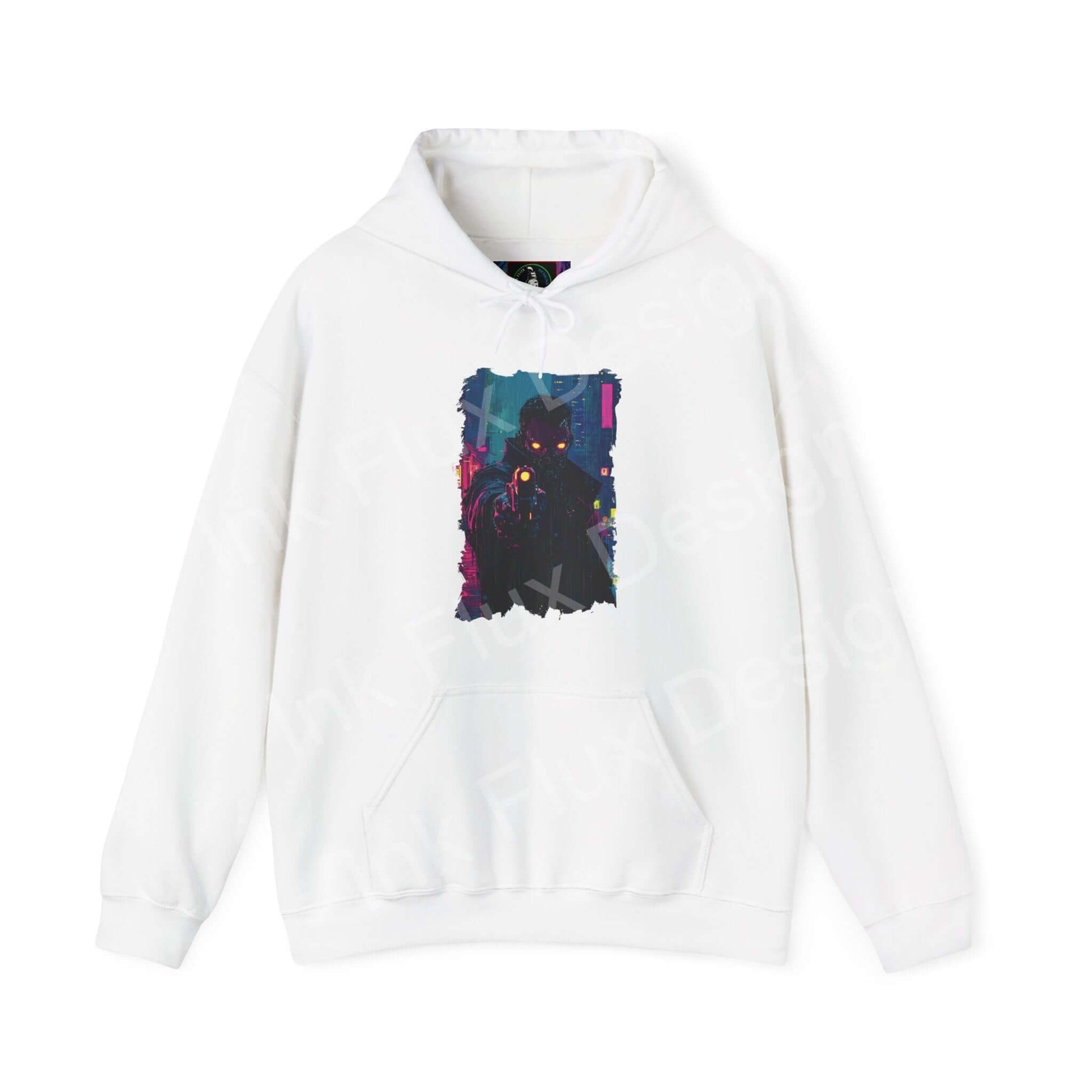 White hooded sweatshirt with a bold, colorful graphic design on the front, showcasing a blend of vibrant hues in a modern abstract style, ideal for a statement look.