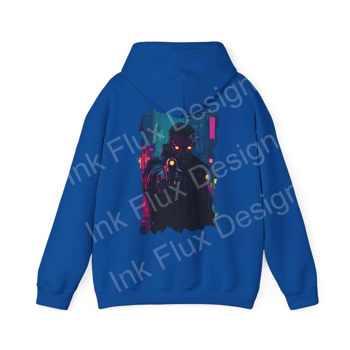 Blue Gun Point hooded sweatshirt with a bold, vibrant graphic design on the back, featuring graphic hoodies style.
