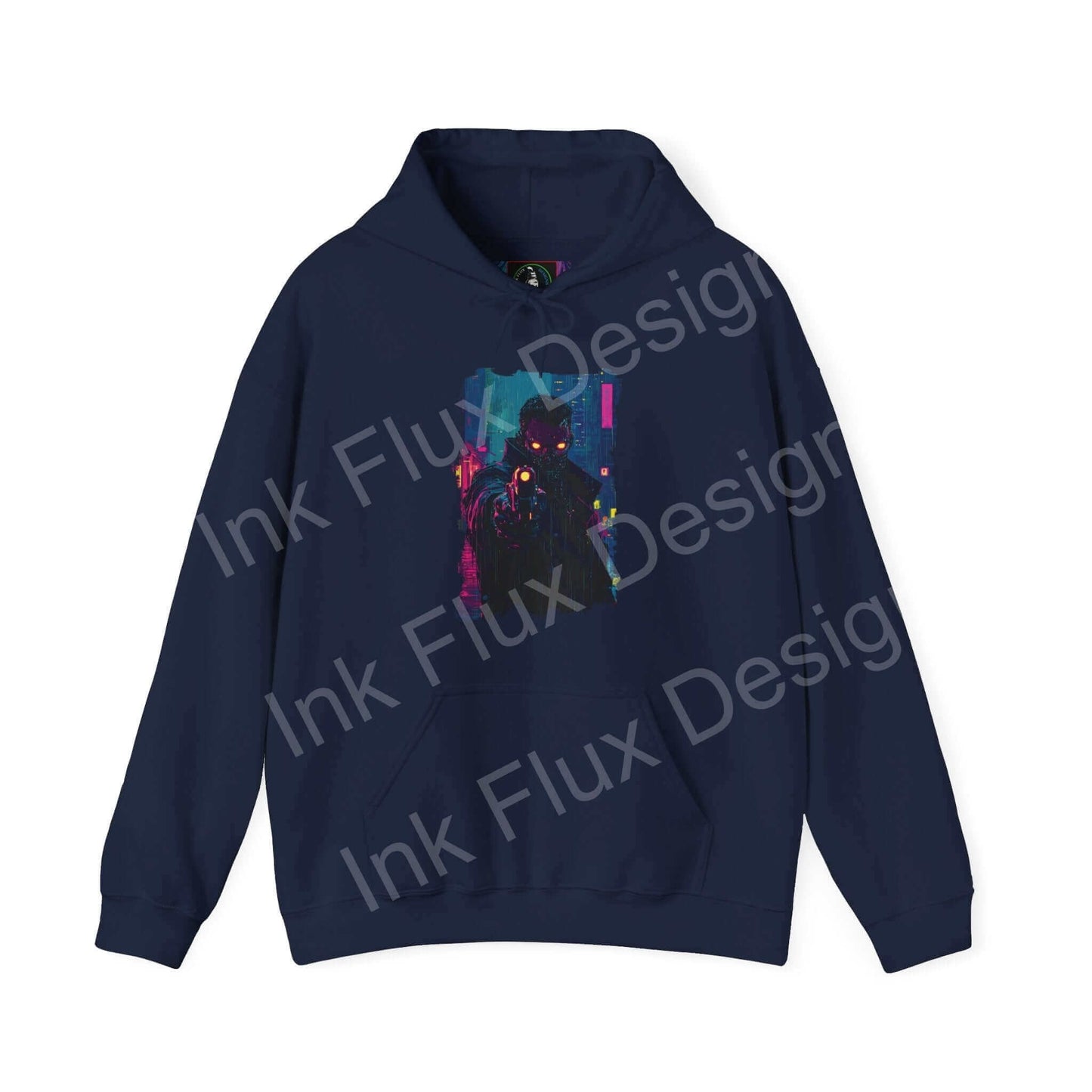 Navy blue graphic hoodie with bold abstract design, featuring vibrant colors and futuristic elements, ideal for stylish comfort.