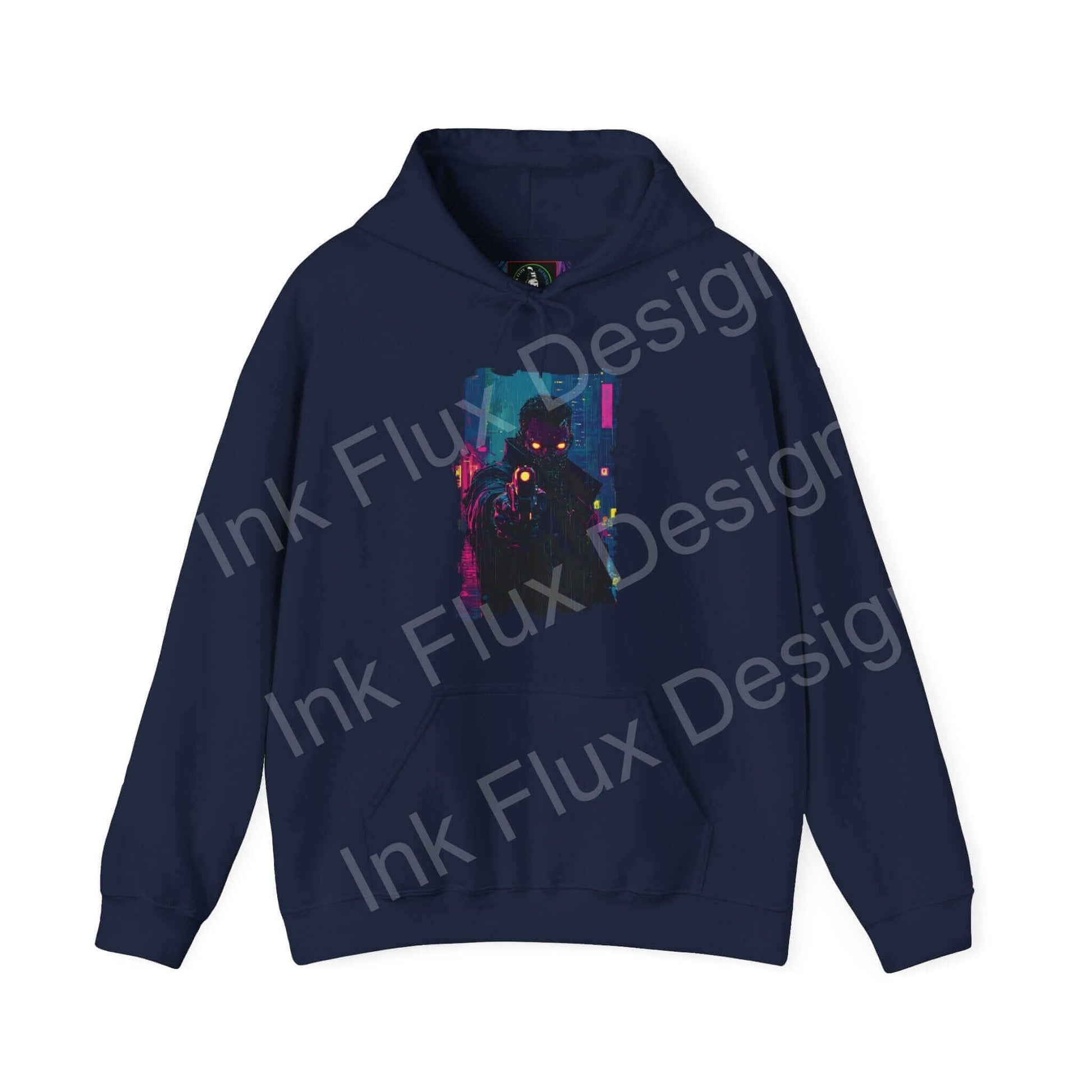 Navy blue graphic hoodie with bold abstract design, featuring vibrant colors and futuristic elements, ideal for stylish comfort.