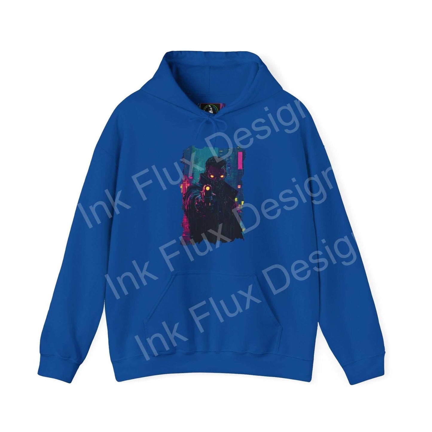 Blue Gun Point Hooded Sweatshirt with bold graphic design, showcasing a vibrant, artistic print on a unisex hoodie