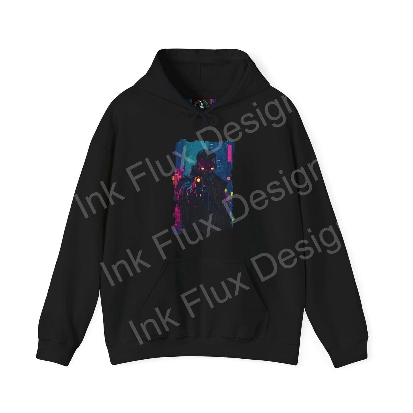 Unisex black hooded sweatshirt featuring a bold, colorful graphic design, perfect for those seeking stylish, cozy apparel.