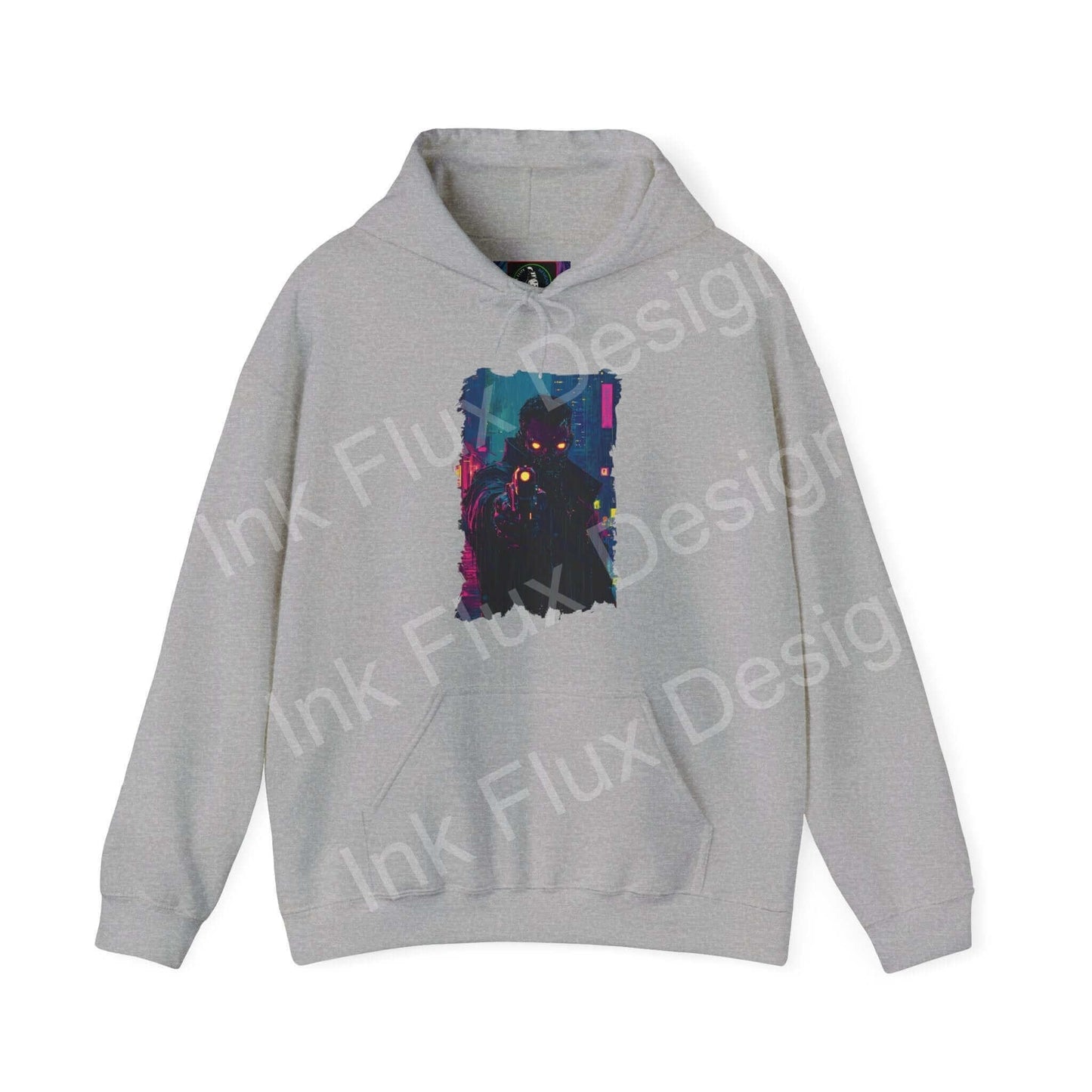 Unisex gray hooded sweatshirt with bold graphic design, featuring vibrant abstract art on the front, perfect for a trendy look.