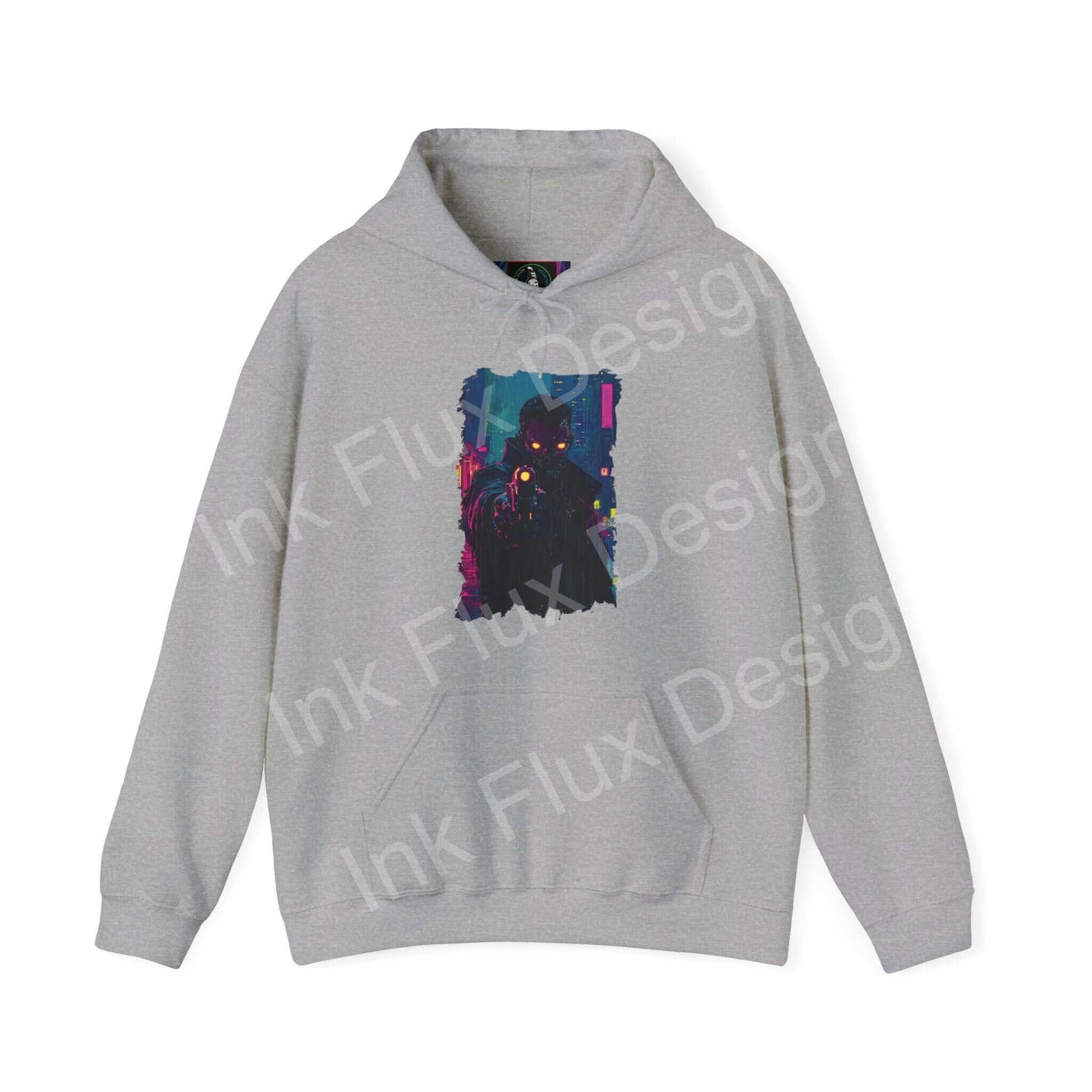 Unisex gray hooded sweatshirt with bold graphic design, featuring vibrant abstract art on the front, perfect for a trendy look.