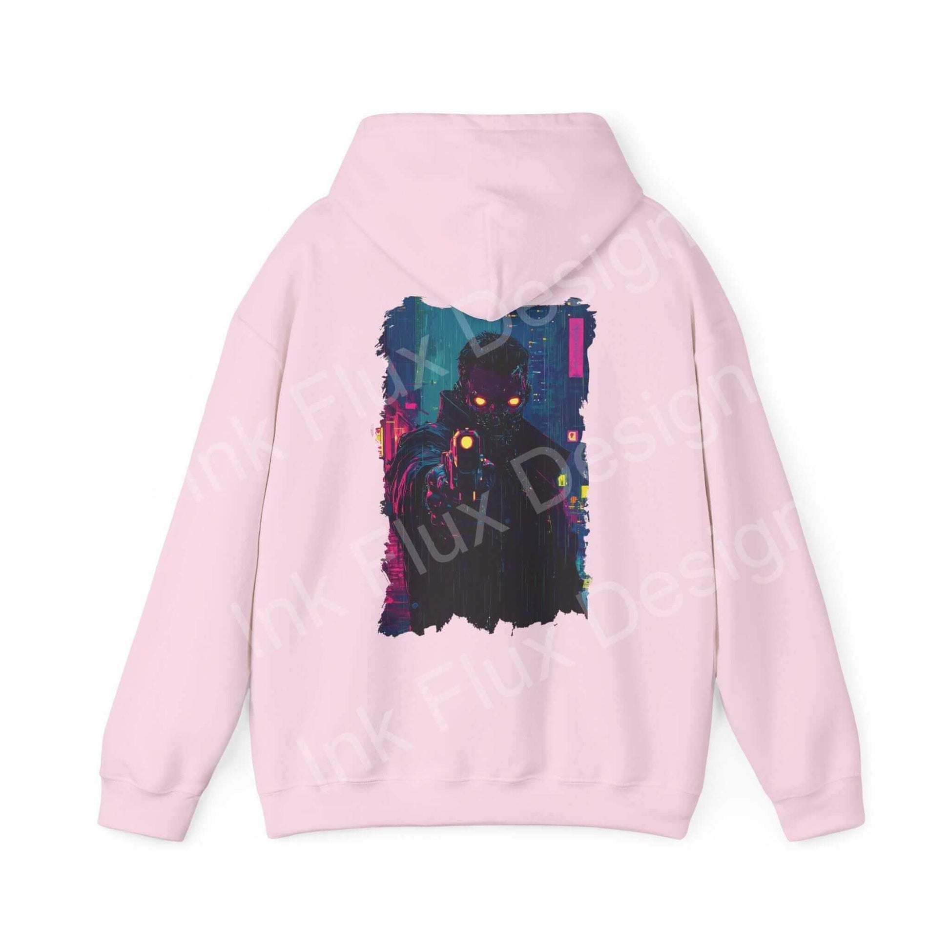 Pink unisex hooded sweatshirt with bold graphic design on the back, featuring abstract, colorful artwork, ideal for stylish comfort.