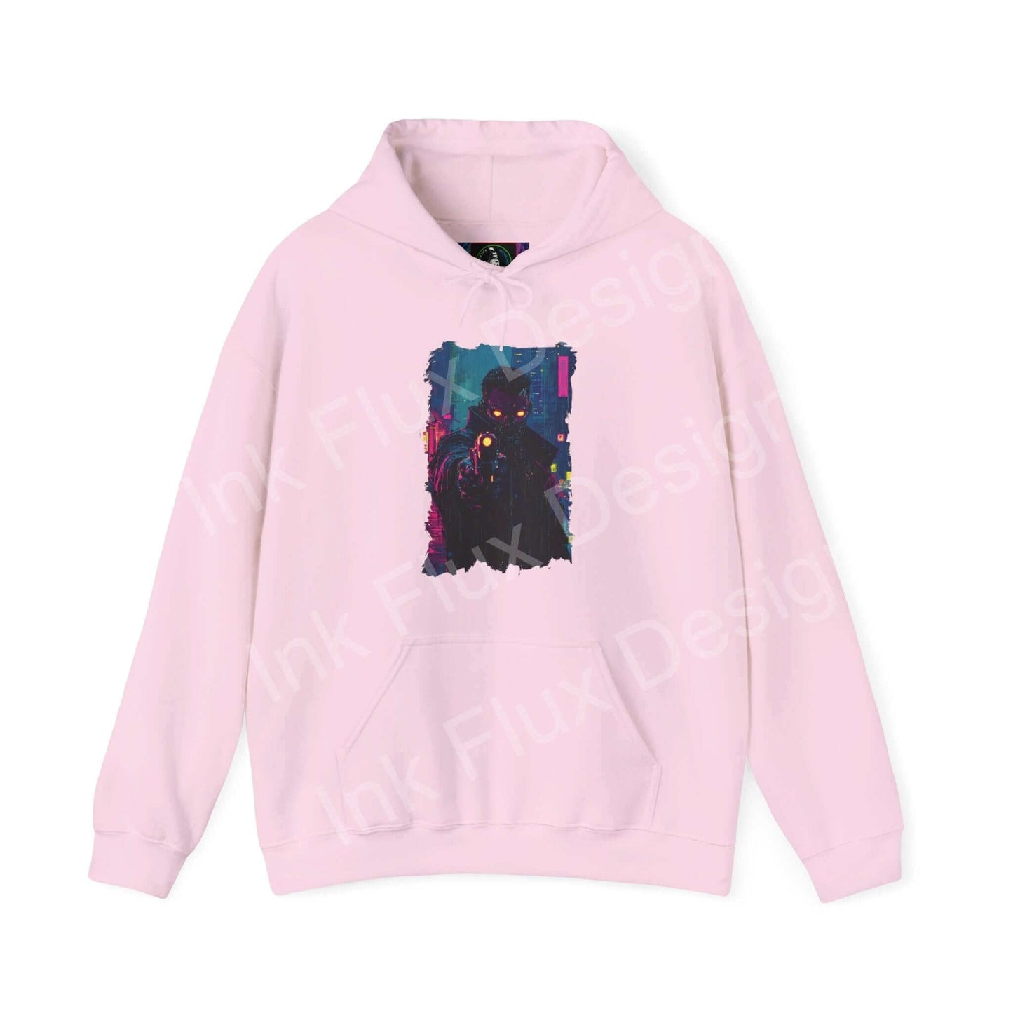 Pink hooded sweatshirt featuring a bold graphic design of a nighttime cityscape, perfect for stylish, cozy wear.