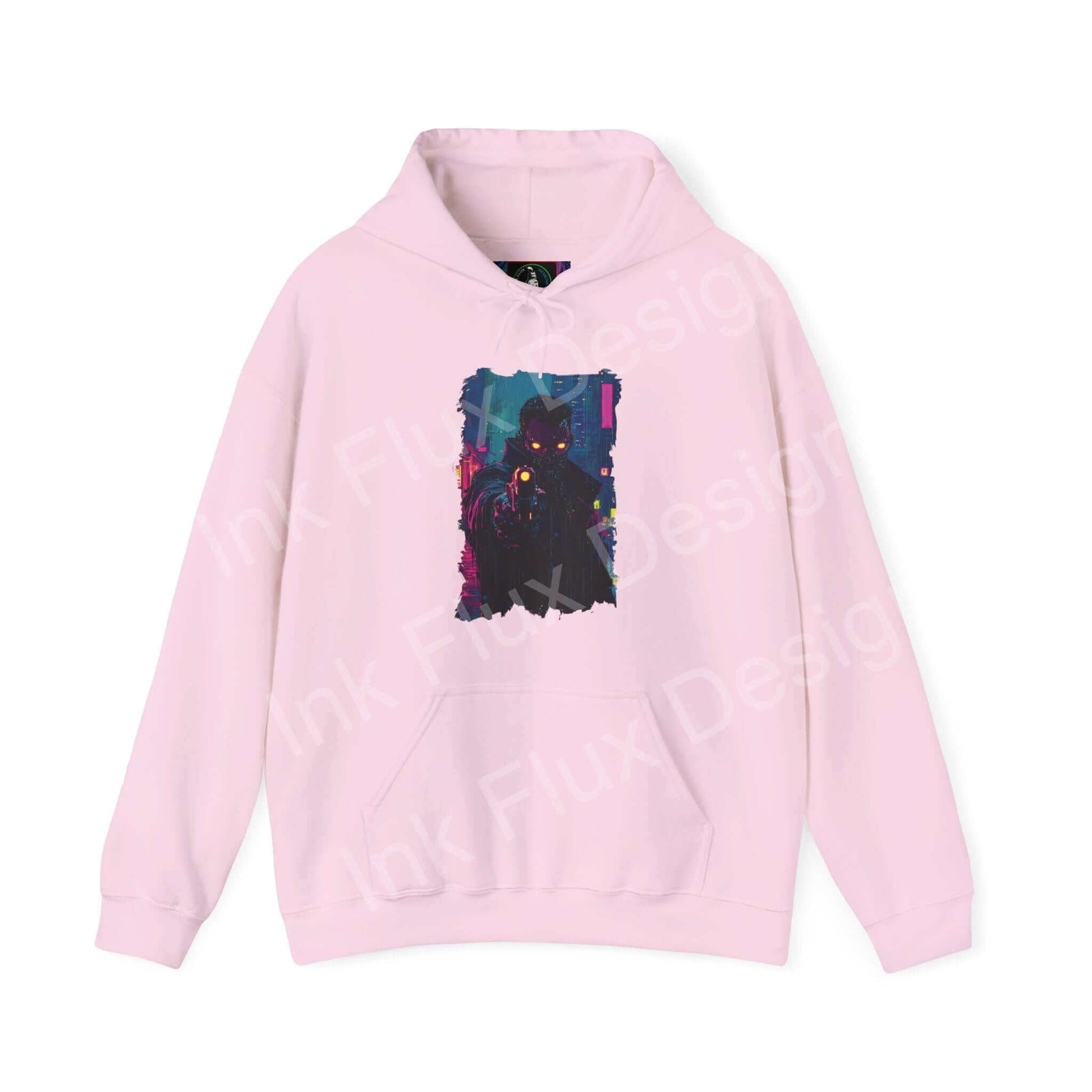 Pink hooded sweatshirt featuring a bold graphic design of a nighttime cityscape, perfect for stylish, cozy wear.