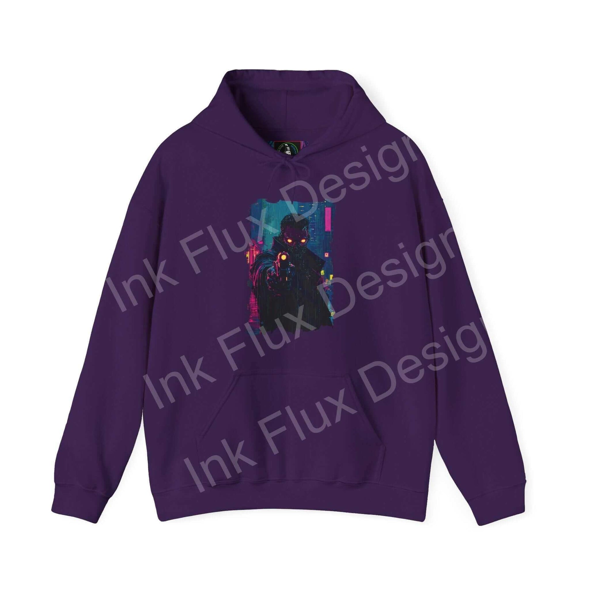 Unisex purple hooded sweatshirt with a bold, graphic design featuring vibrant colors and abstract pattern, ideal for stylish comfort.