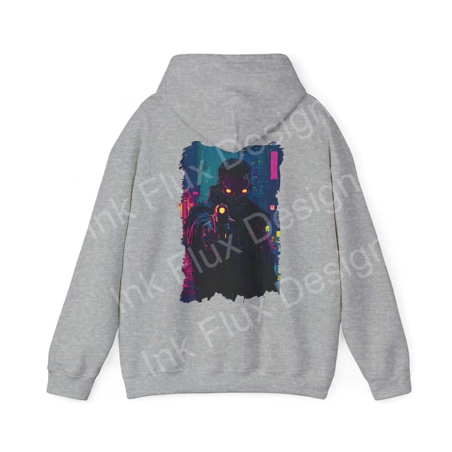 Unisex gray hooded sweatshirt with a bold, colorful graphic design on the back, featuring vibrant abstract art.