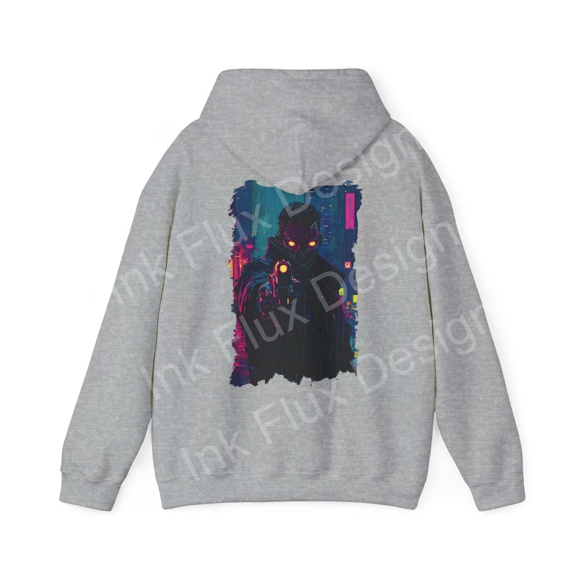 Unisex gray hooded sweatshirt with a bold, colorful graphic design on the back, featuring vibrant abstract art.