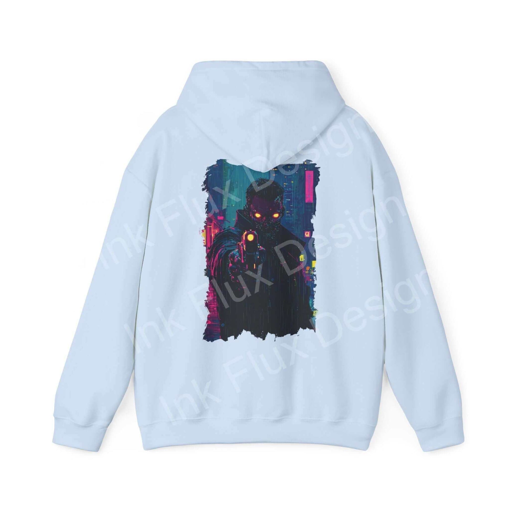 Back view of a light blue unisex hooded sweatshirt featuring a bold, colorful graphic design. Ideal for graphic hoodie enthusiasts.
