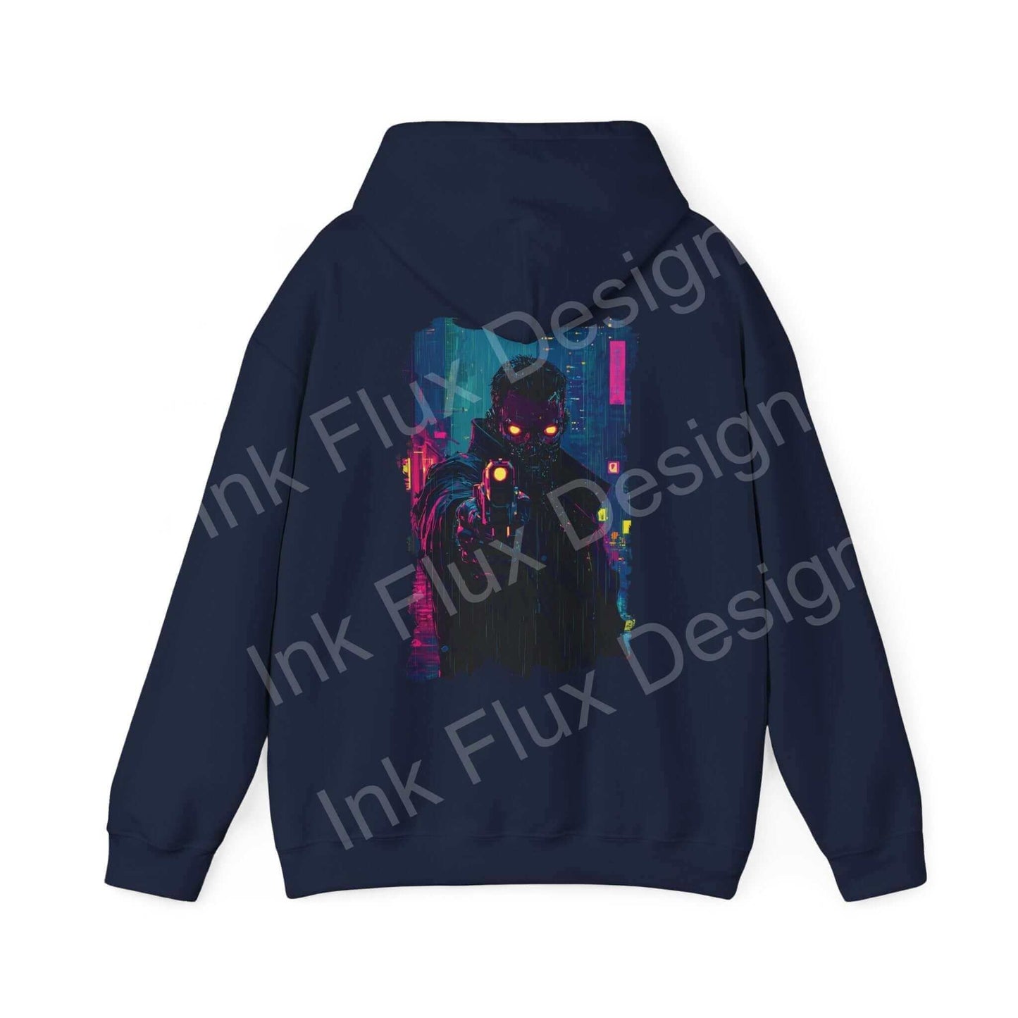 Unisex navy blue hooded sweatshirt with vibrant, graphic design featuring abstract art on back, from Ink Flux Design.
