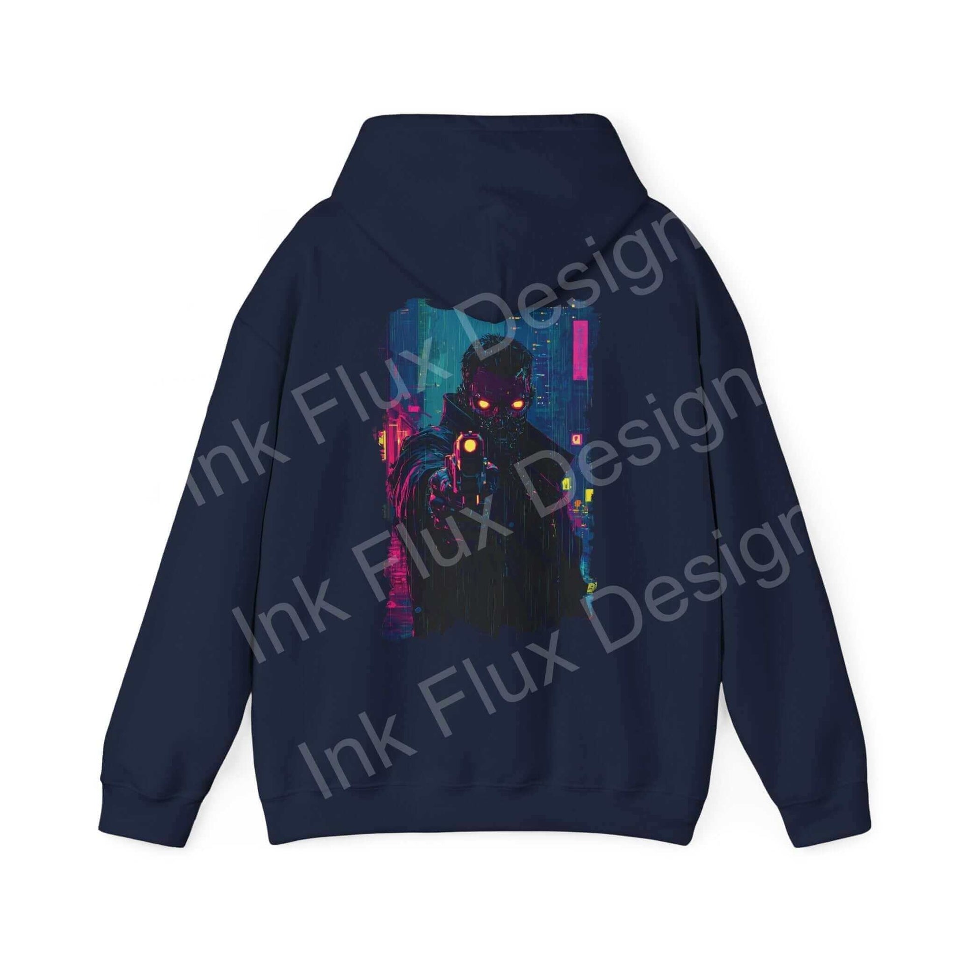 Unisex navy blue hooded sweatshirt with vibrant, graphic design featuring abstract art on back, from Ink Flux Design.