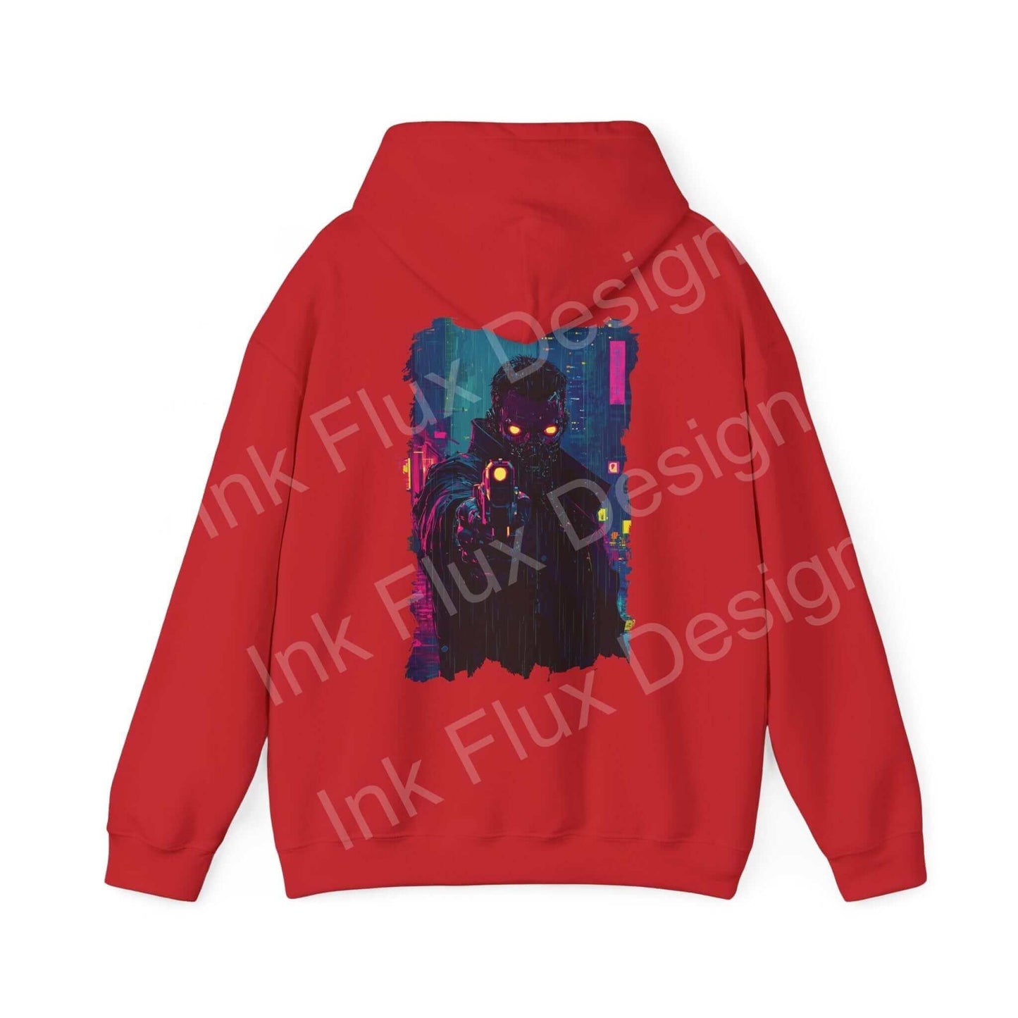Red hooded sweatshirt with bold graphic design featuring a dark, mystical creature on the back for stylish warmth.