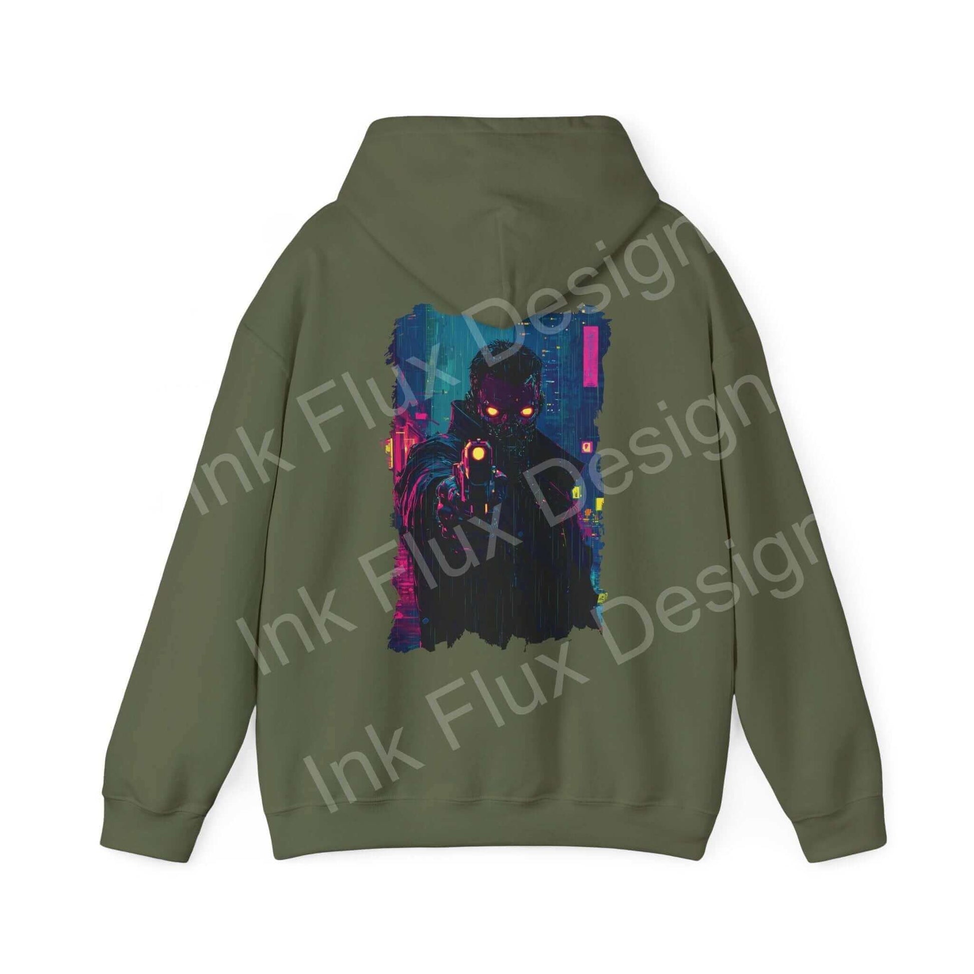 Olive green graphic hoodie featuring a bold, abstract design with vibrant colors, from the Gun Point Hooded Sweatshirt collection.