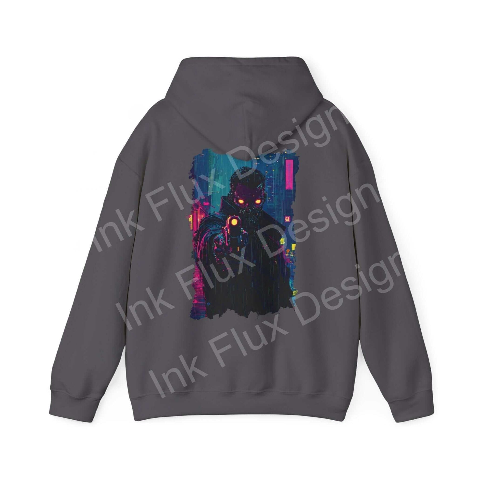 Gun Point hooded sweatshirt with a vibrant, bold graphic print on the back, showcasing a dark color palette with neon details, ideal for fans of unique, graphic hoodies.
