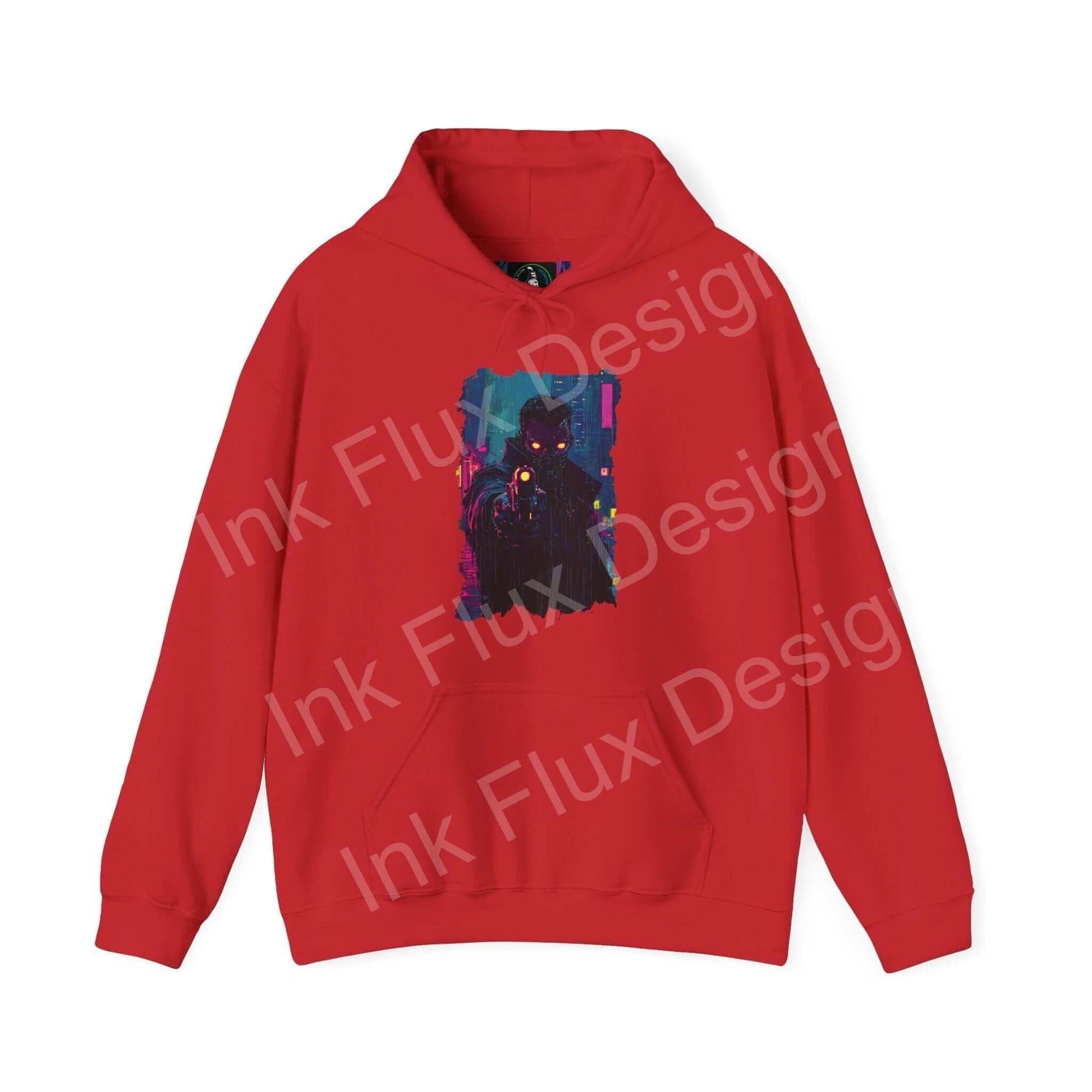 Red unisex graphic hoodie with bold, abstract design, ideal for showcasing personal style with comfortable, durable fabric
