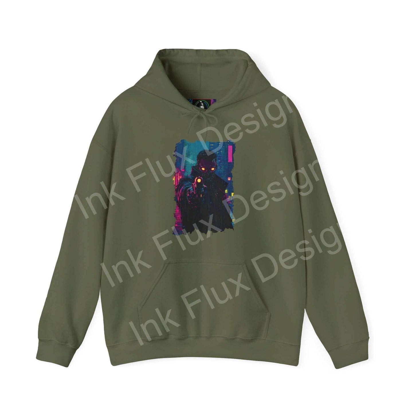 Olive green hooded sweatshirt featuring a bold graphic design with vibrant, abstract elements, from the Gun Point series, ideal for trendy graphic hoodies.