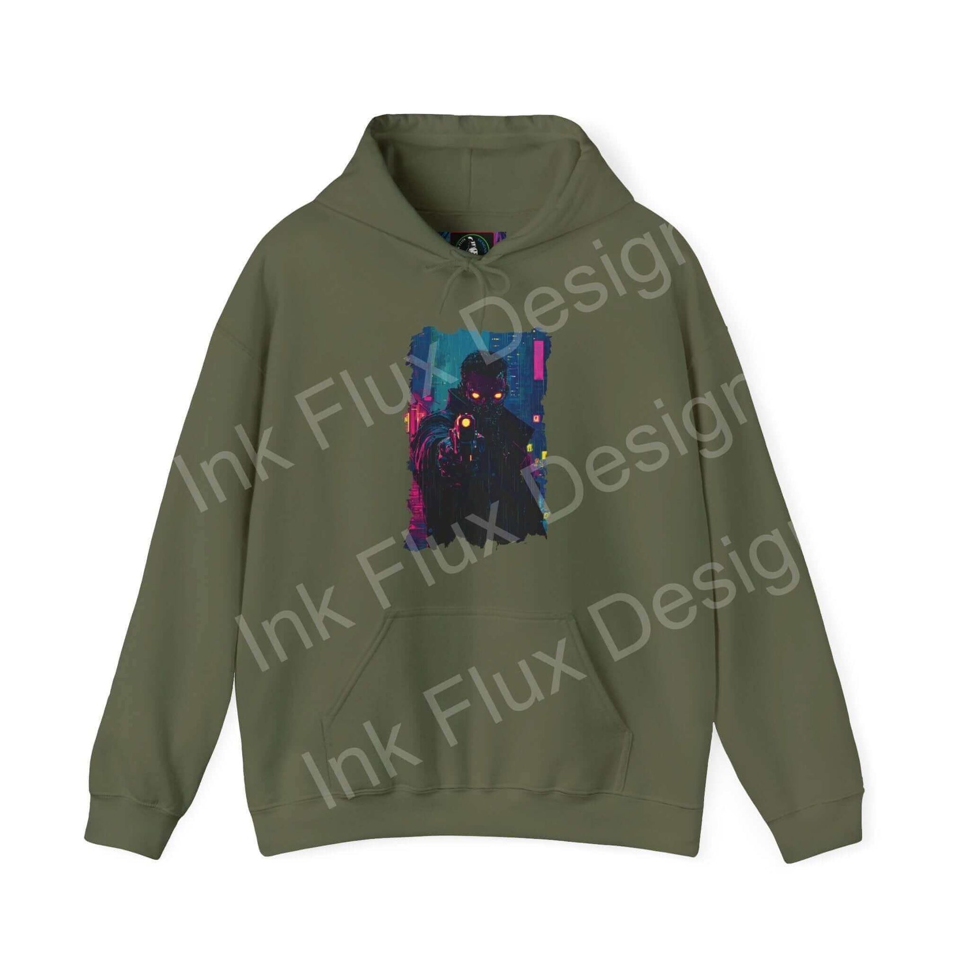 Olive green hooded sweatshirt featuring a bold graphic design with vibrant, abstract elements, from the Gun Point series, ideal for trendy graphic hoodies.