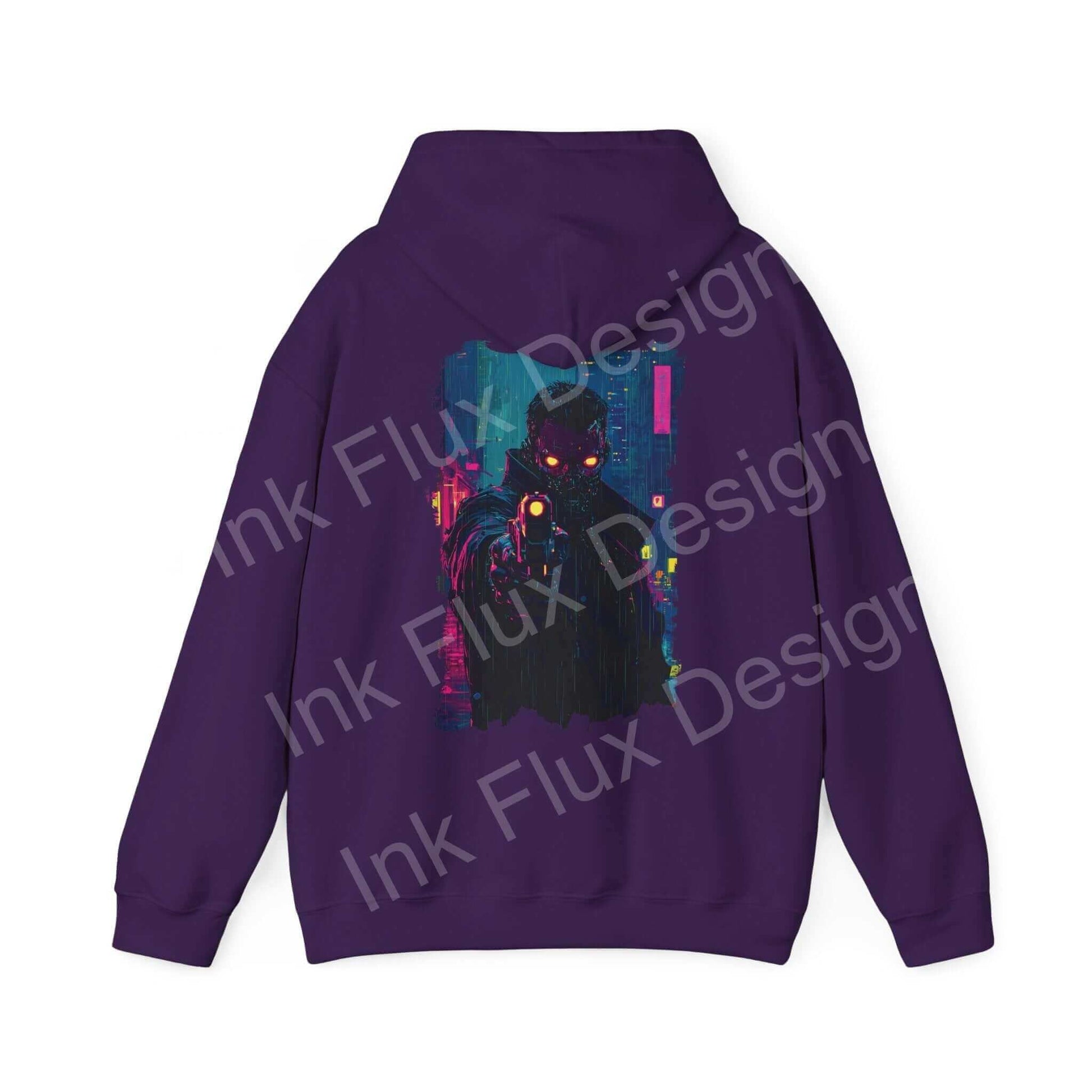 Purple Gun Point hooded sweatshirt with a bold, graphic design featuring a dark, stylized character on the back, ideal for fans of unique and artistic hoodies.