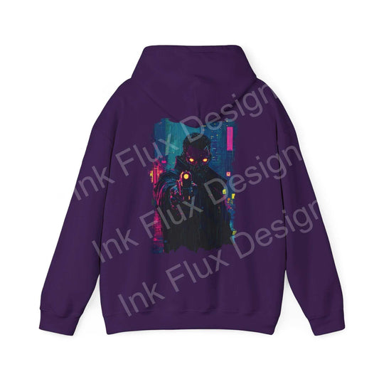 Purple Gun Point hooded sweatshirt with a bold, graphic design featuring a dark, stylized character on the back, ideal for fans of unique and artistic hoodies.
