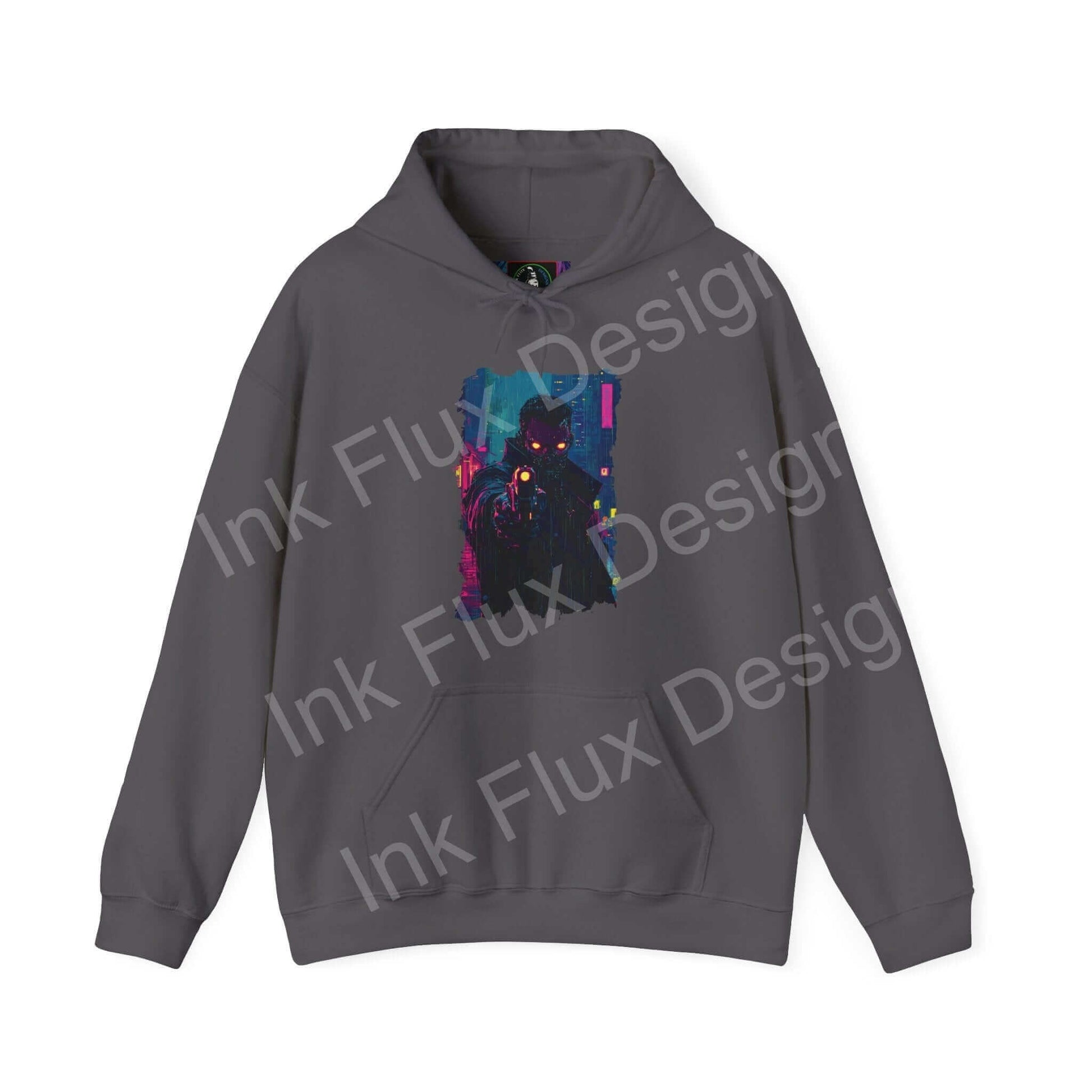 Unisex gray hooded sweatshirt featuring a bold, colorful graphic design, ideal for stylish comfort and warmth.
