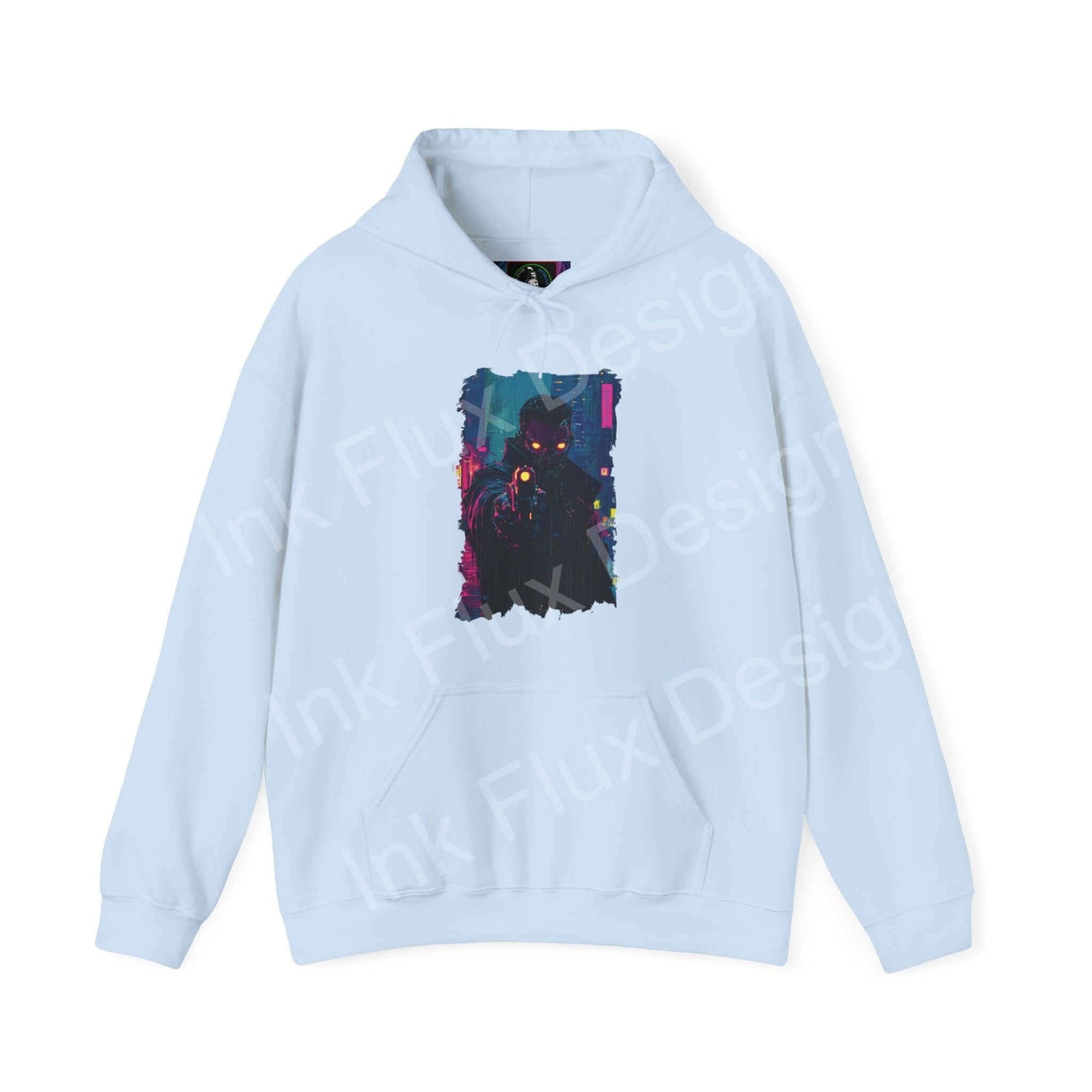 Light blue unisex hoodie featuring a bold graphic design with abstract vibrant colors, ideal for those seeking stylish, comfortable graphic hoodies.