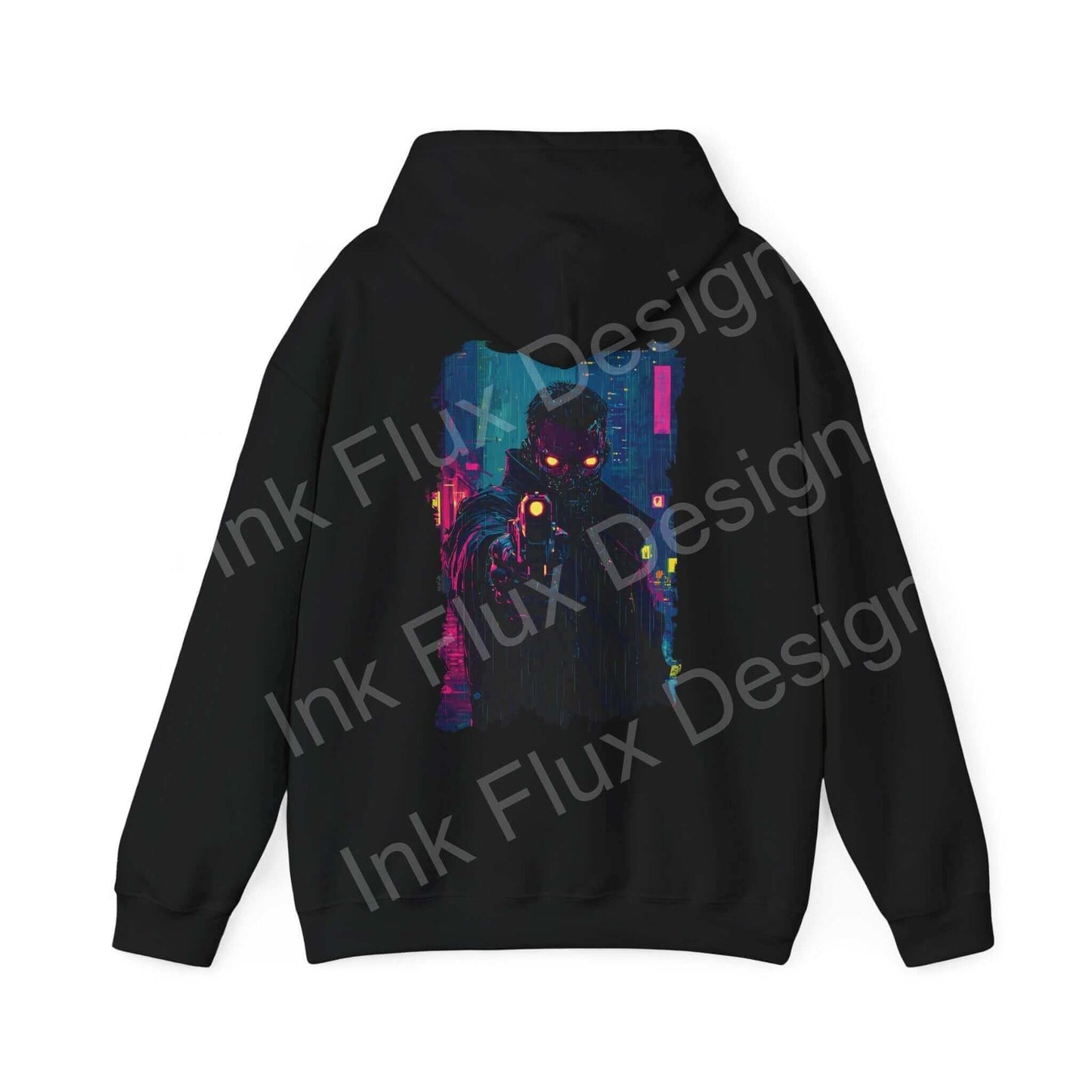Unisex black hooded sweatshirt with vibrant, abstract graphic design featuring bold colors and artistic patterns. Perfect for fashion-forward individuals.