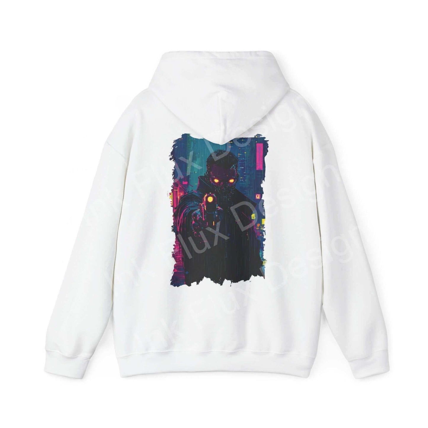 White hooded sweatshirt with a bold, colorful abstract graphic design on the back, suitable for a unisex fit and cozy style.
