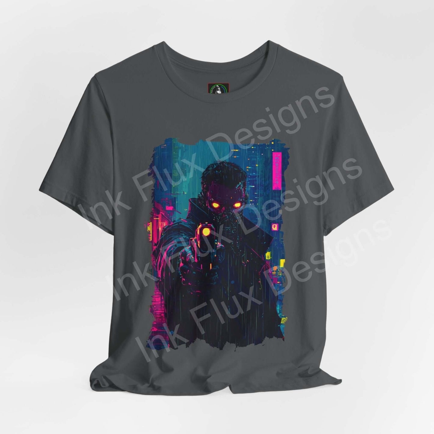 Cyberpunk-inspired graphic tee featuring a vibrant neon cityscape and mysterious figure design on a gray unisex T-shirt by Bella+Canvas, highlighting style and comfort.