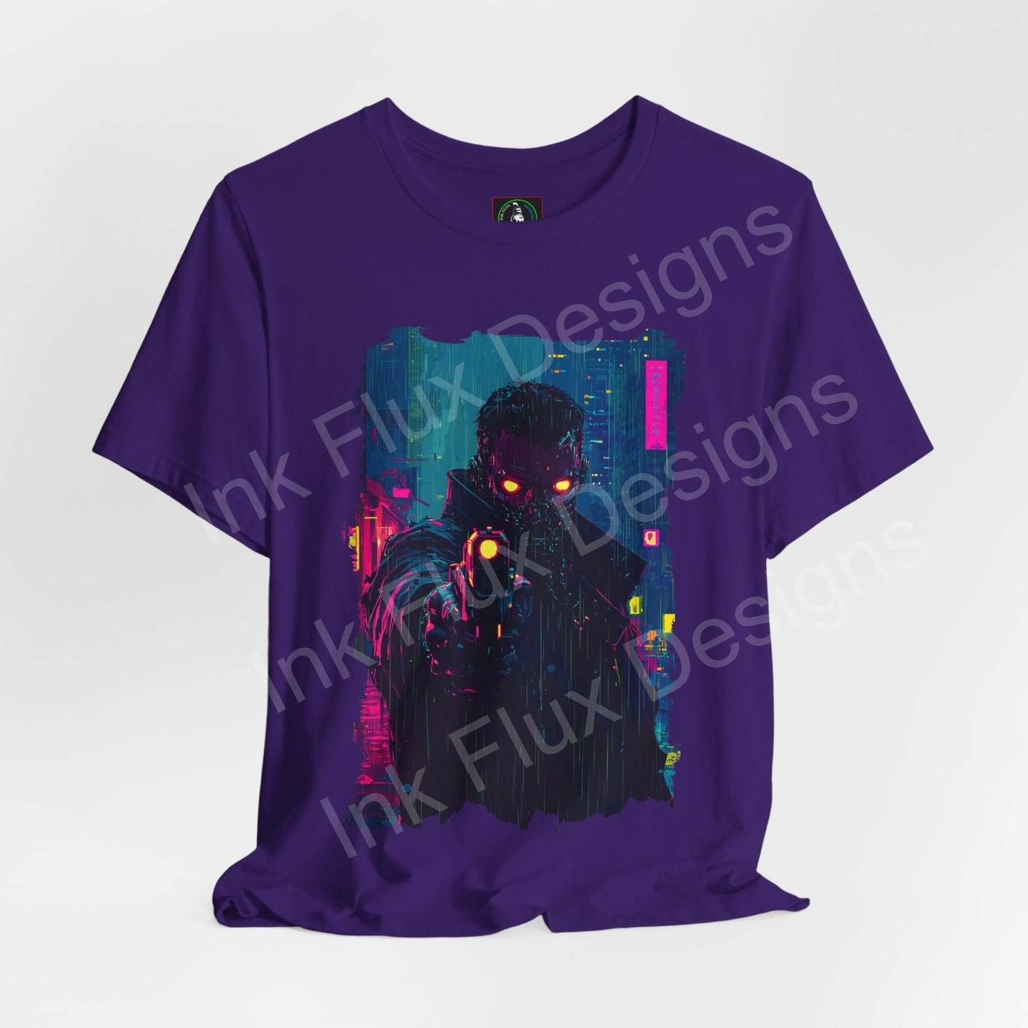 Cyberpunk-inspired graphic tee featuring a dark figure with neon lights on a purple shirt, designed by Bella+Canvas for unisex style and comfort.