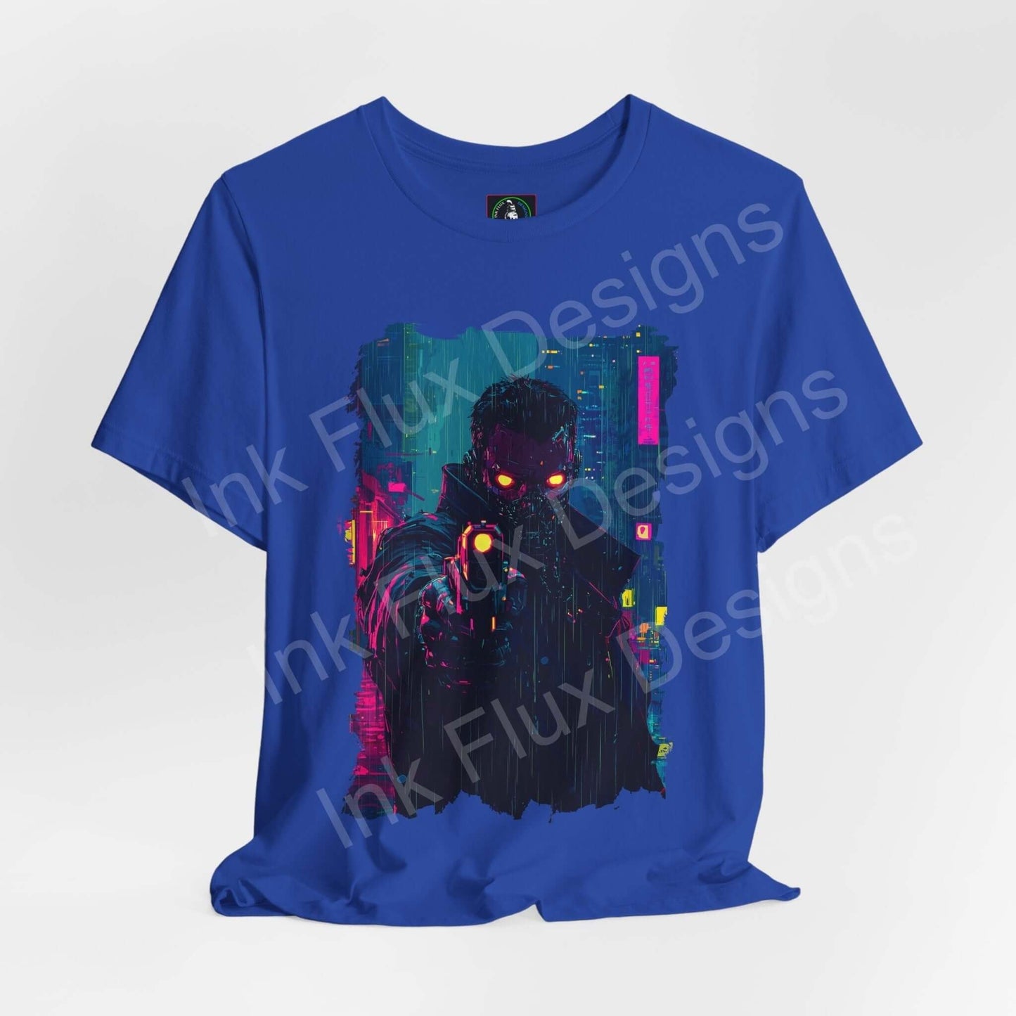 Cyberpunk-inspired graphic tee in blue featuring a neon-lit futuristic cityscape design with a shadowy figure, ideal for T-shirt enthusiasts.