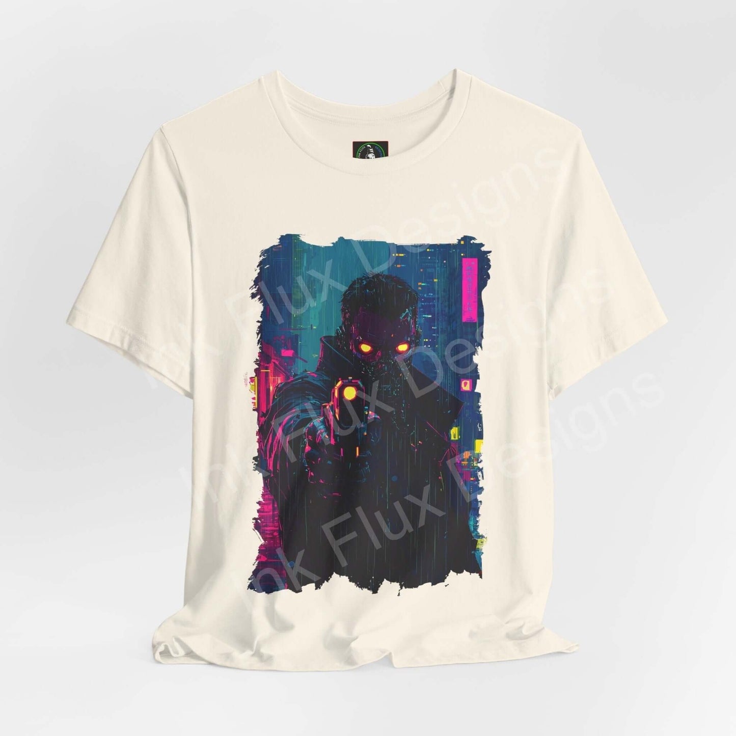 Cyberpunk-themed graphic tee featuring a mysterious figure in a neon-lit urban setting, designed by Bella+Canvas, ideal for style and comfort.