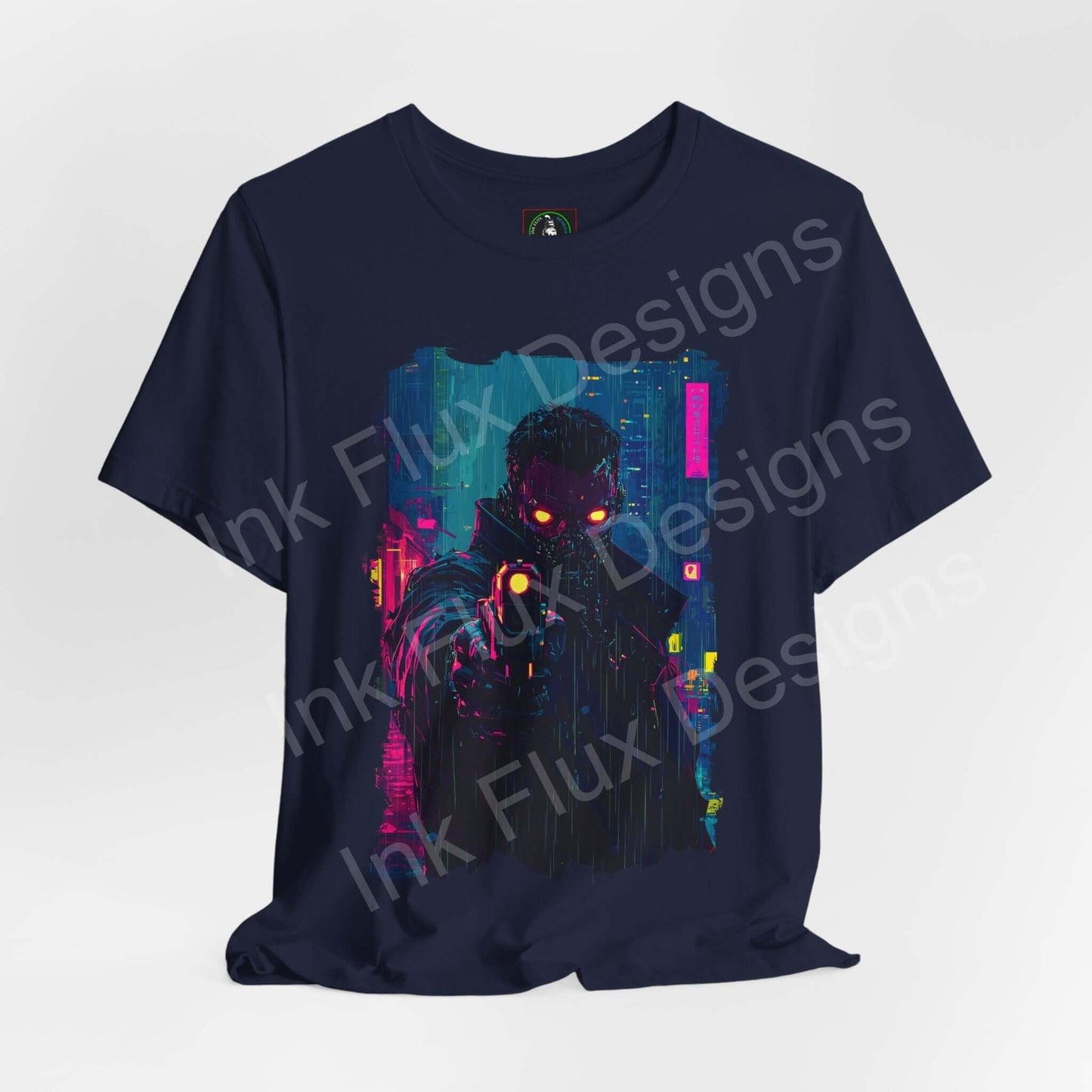 Cyberpunk-inspired graphic tee featuring a dark figure with neon lights and futuristic cityscape on a unisex navy T-shirt by Bella+Canvas.