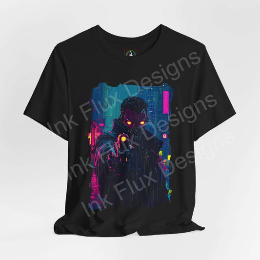 Cyberpunk graphic tee featuring a vibrant, neon-lit cityscape design with a mysterious figure on black unisex jersey shirt by Bella+Canvas.