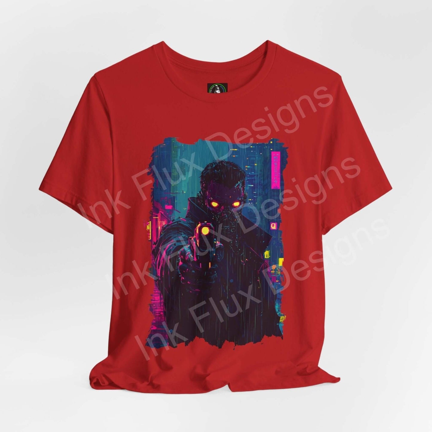 Red cyberpunk graphic tee featuring a dark figure with glowing eyes and neon highlights, ideal for fans of unique, stylish shirts.