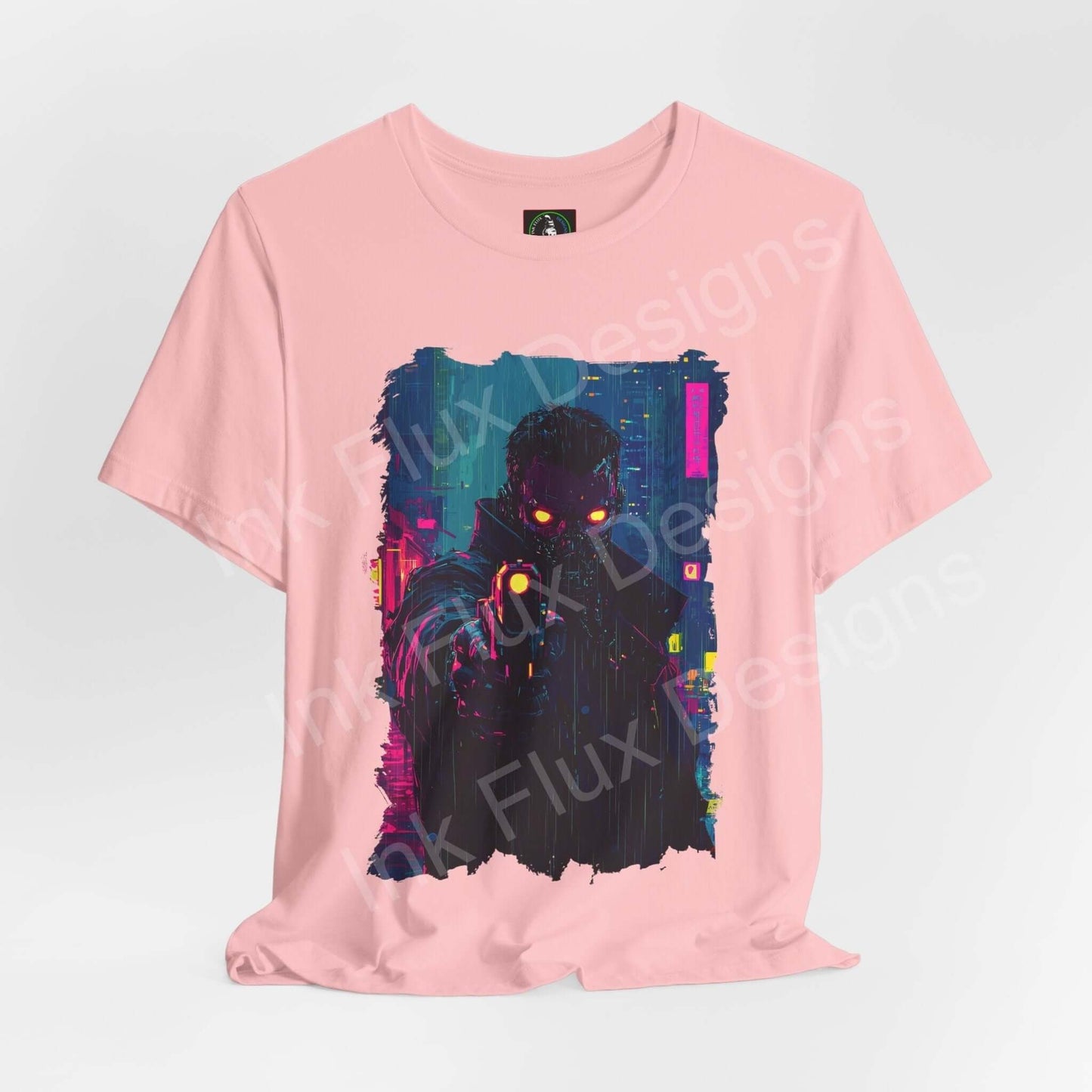 Pink unisex T-shirt with cyberpunk graphic design, featuring a shadowy figure in a neon-lit cityscape, from Bella+Canvas.